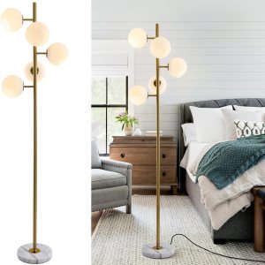 BOKT Lámpara de pie moderna dorada de mediados de siglo, 5 luces, globo de vidrio, lámpara de pie de latón antiguo, lámpara de pie contemporánea BOKT Lámpara de pie moderna dorada de mediados de siglo, 5 luces, globo de vidrio, lámpara de pie de latón antiguo, lámpara de pie contemporánea
