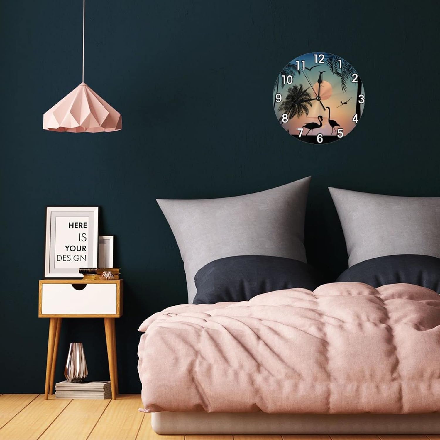 Flamingos Walk on the Sea Beach – Reloj de pared con pilas, reloj redondo silencioso para decoración de pared para el hogar, oficina, escuela, 12