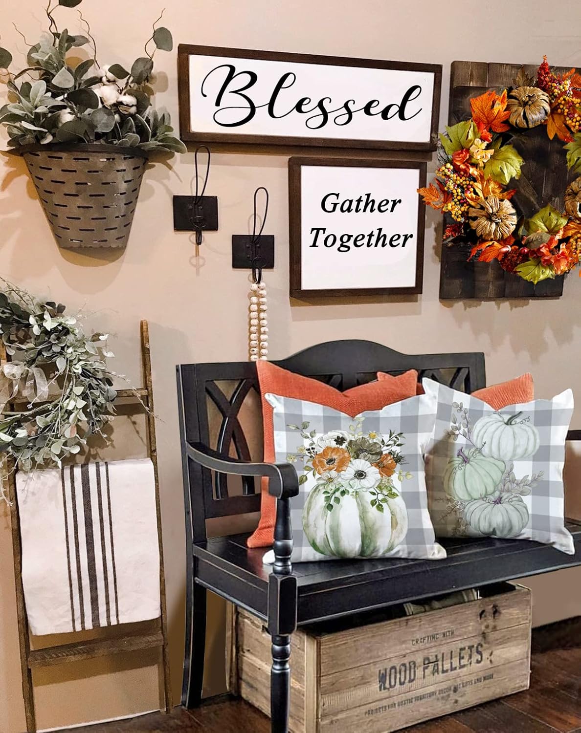 Juego de 4 fundas de almohada de otoño de 18 x 18 pulgadas, diseño de búfalo gris, acuarela, calabaza, camión, casa de campo, flores de eucalipto,