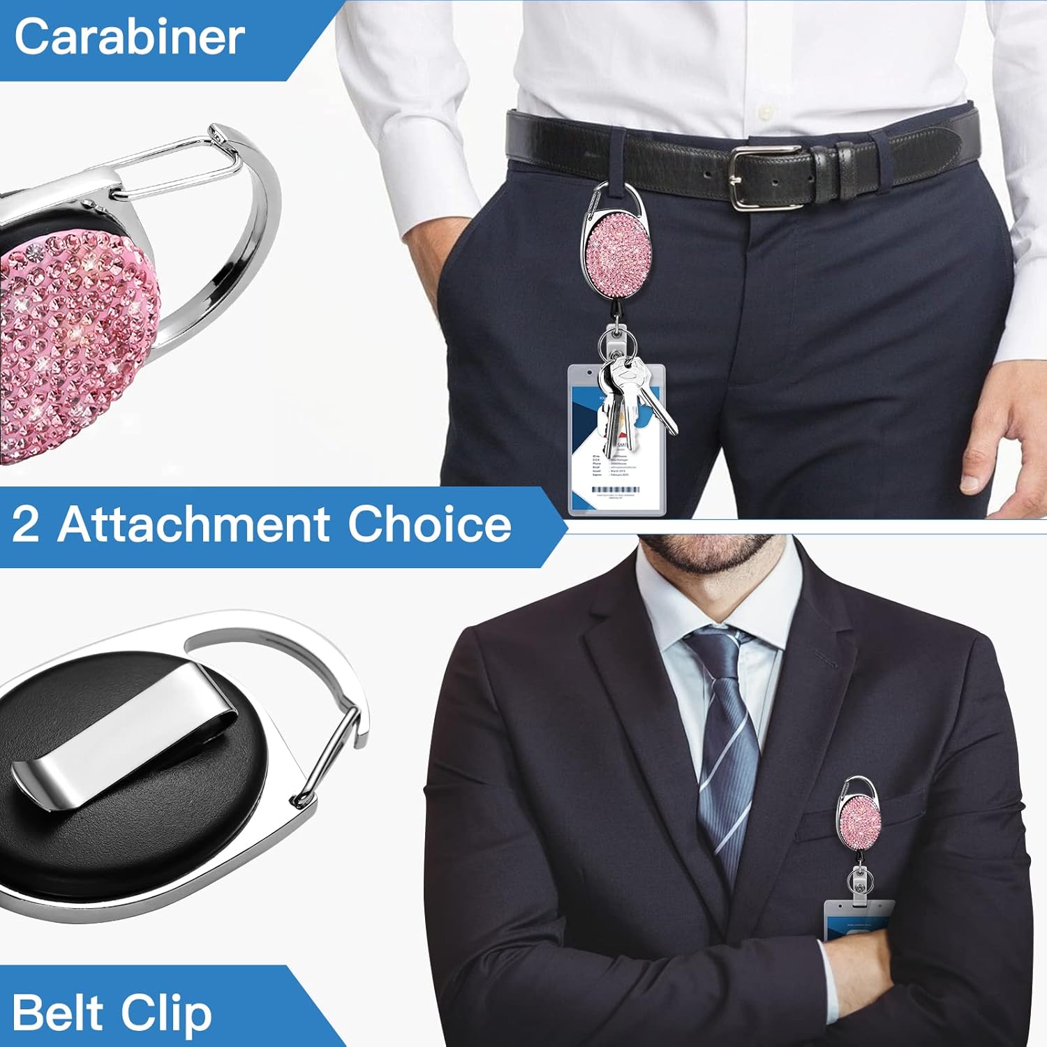 SAVORI Soporte retráctil con clip para cinturón, llavero con diamantes de imitación, carrete de tarjeta de identificación, cordón de 24 pulgadas,