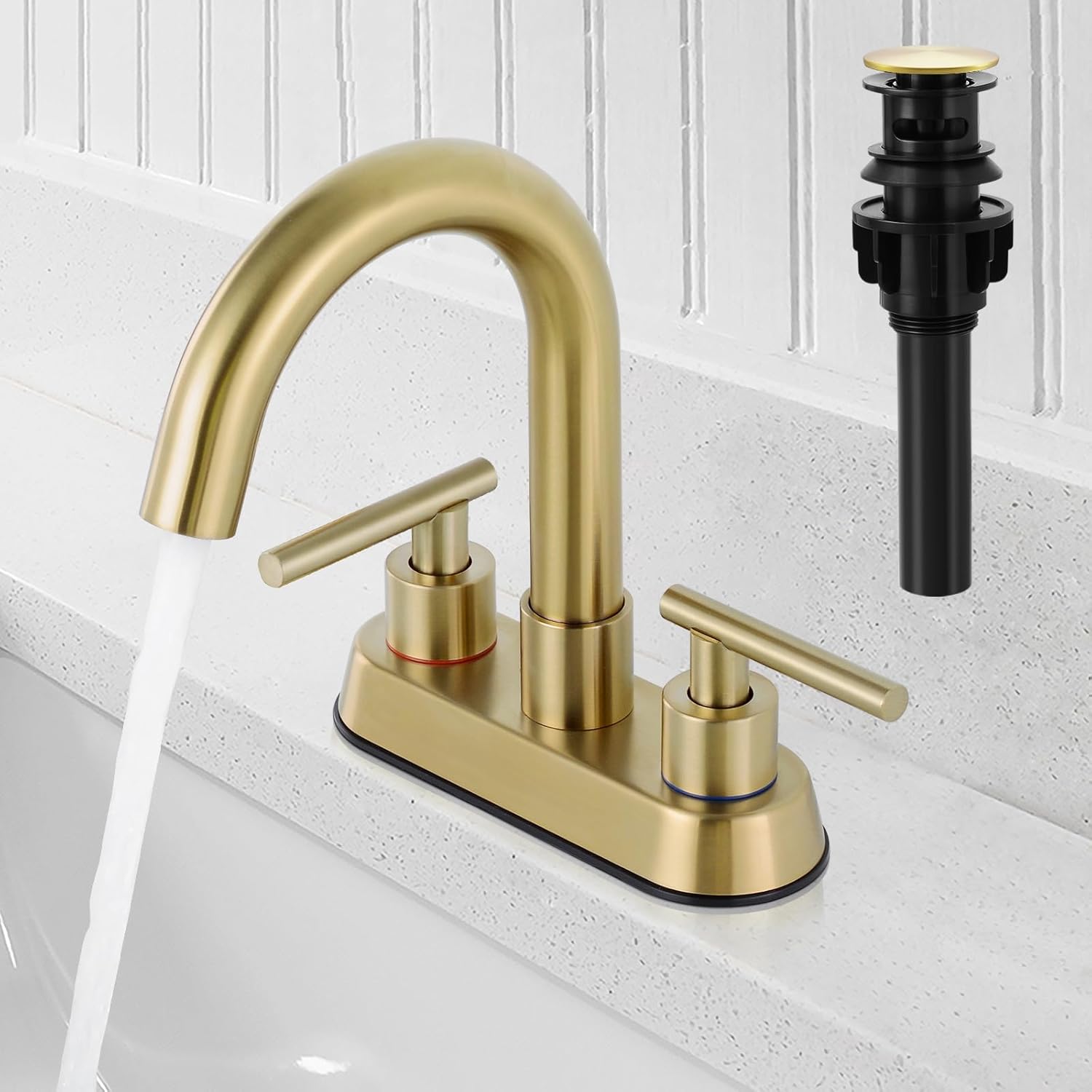 Grifos de baño para fregadero de 3 agujeros, oro cepillado de 4 pulgadas, grifo de fregadero central para baño con drenaje desplegable y 2 mangueras