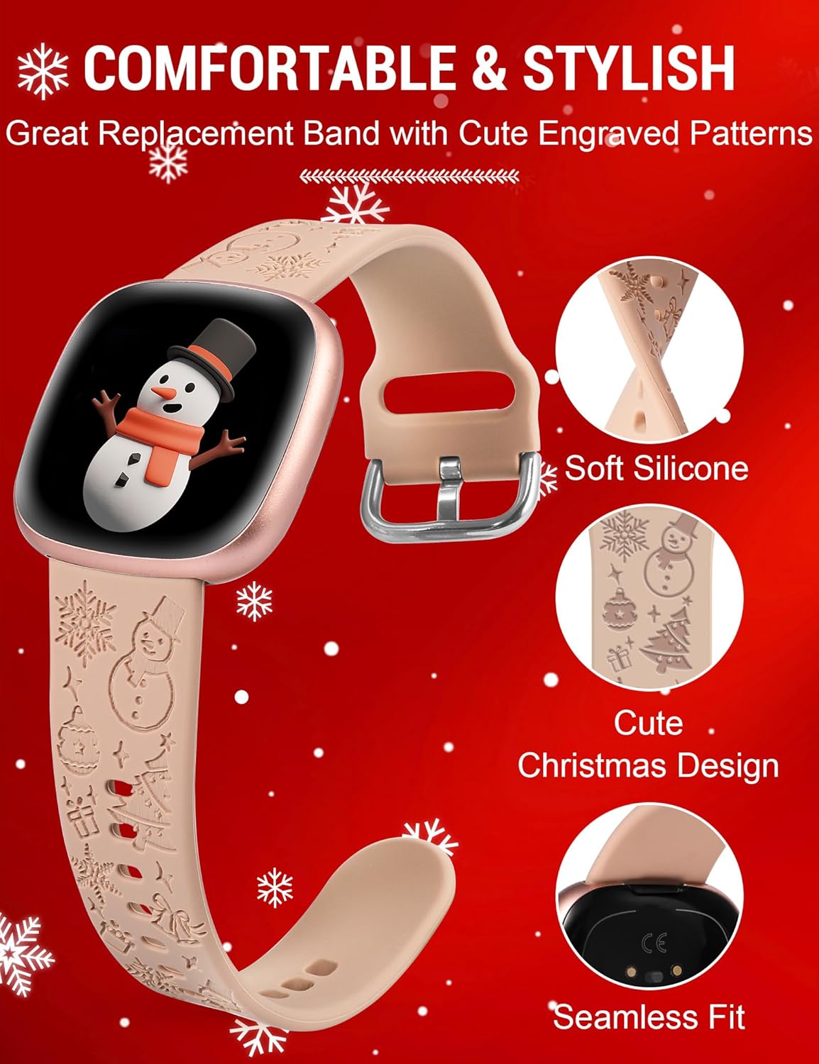 W-RARA Correa de reloj grabada de Navidad compatible con Fitbit Versa 4Versa 3Sense 2Sense, mujeres y hombres, silicona suave, lindo muñeco de