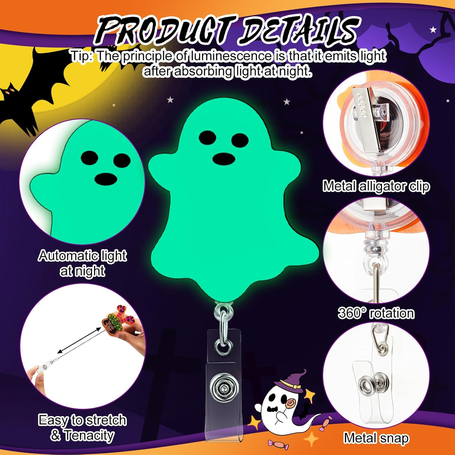10 carretes de insignias de Halloween que brillan en la oscuridad, carretes retráctiles de Halloween para enfermeras, lindos portatarjetas de