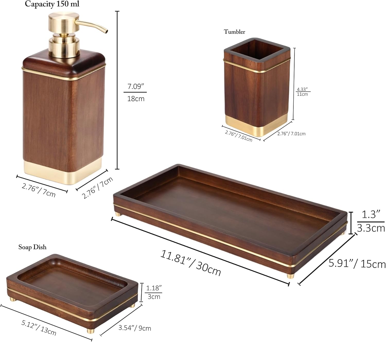 MIHIRO Juego de accesorios de baño de madera de acacia con dispensador de jabón de madera de tary, vaso de baño, jabonera, juego de accesorios de