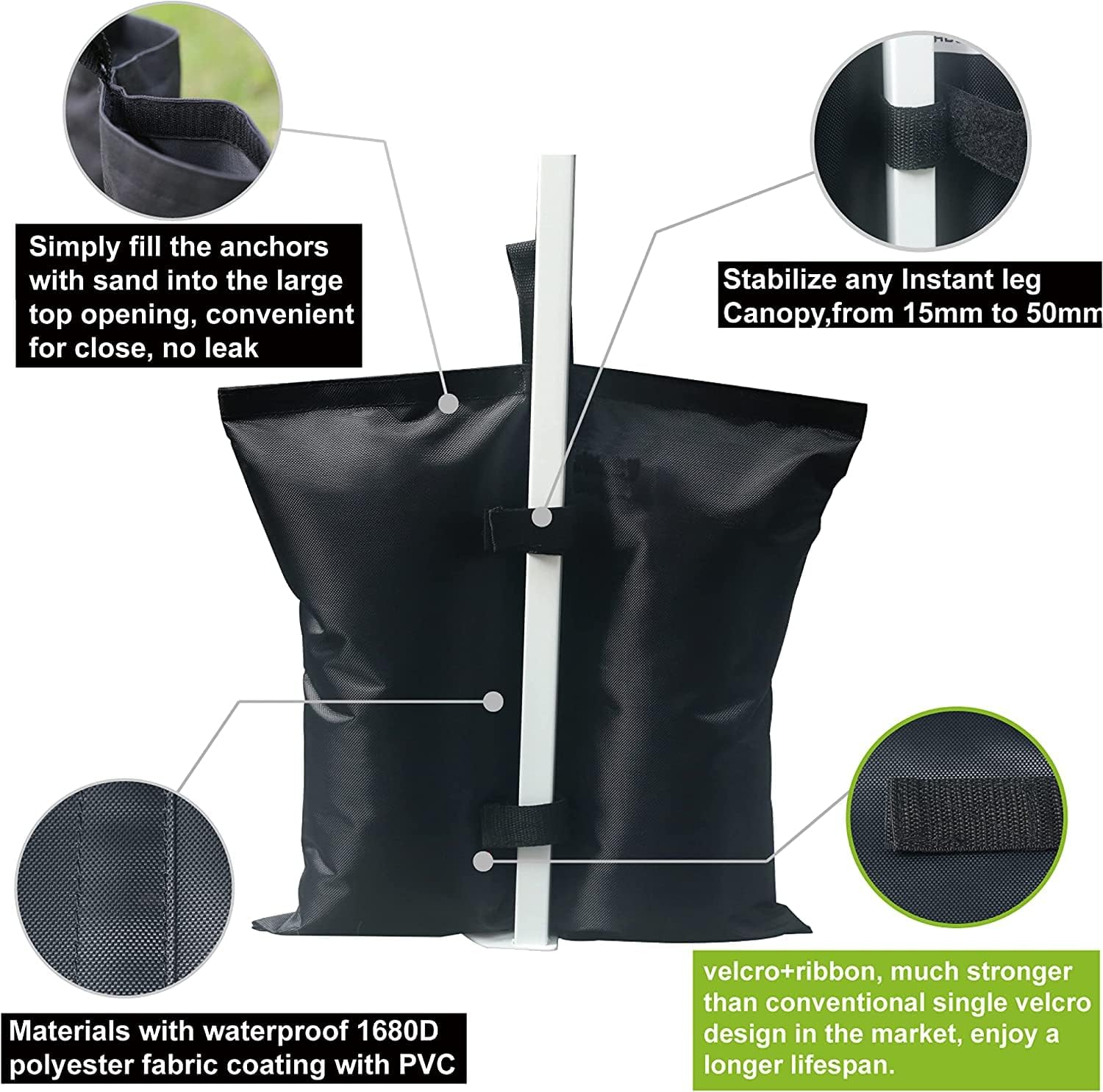 Sacos de arena resistentes para patas de toldo de refugio solar instantáneo al aire libre (grande, 6 unidades x 17.3 x 18 pulgadas, negro)