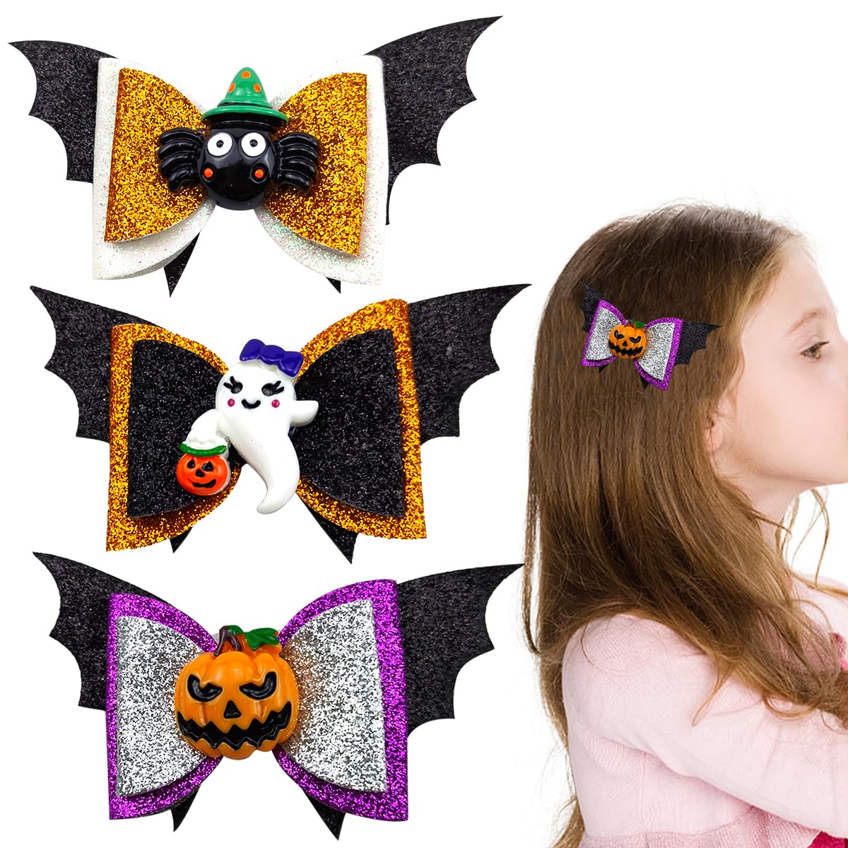 Pinzas para el pelo de murciélago de Halloween para niñas, lazos para el cabello con purpurina, pinzas de cocodrilo, lindas calabazas, arañas,