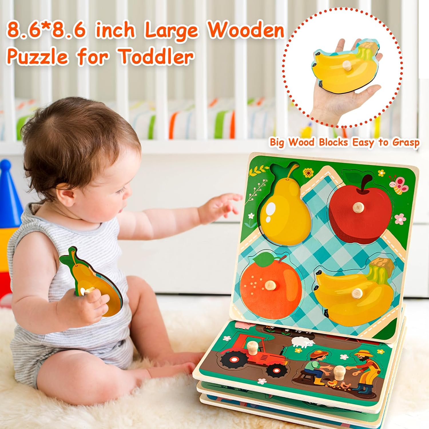 Rompecabezas de madera para niños pequeños de 8.6 x 8.6 pulgadas, rompecabezas de clavijas de gran tamaño mejorados, 4 piezas de patrones de