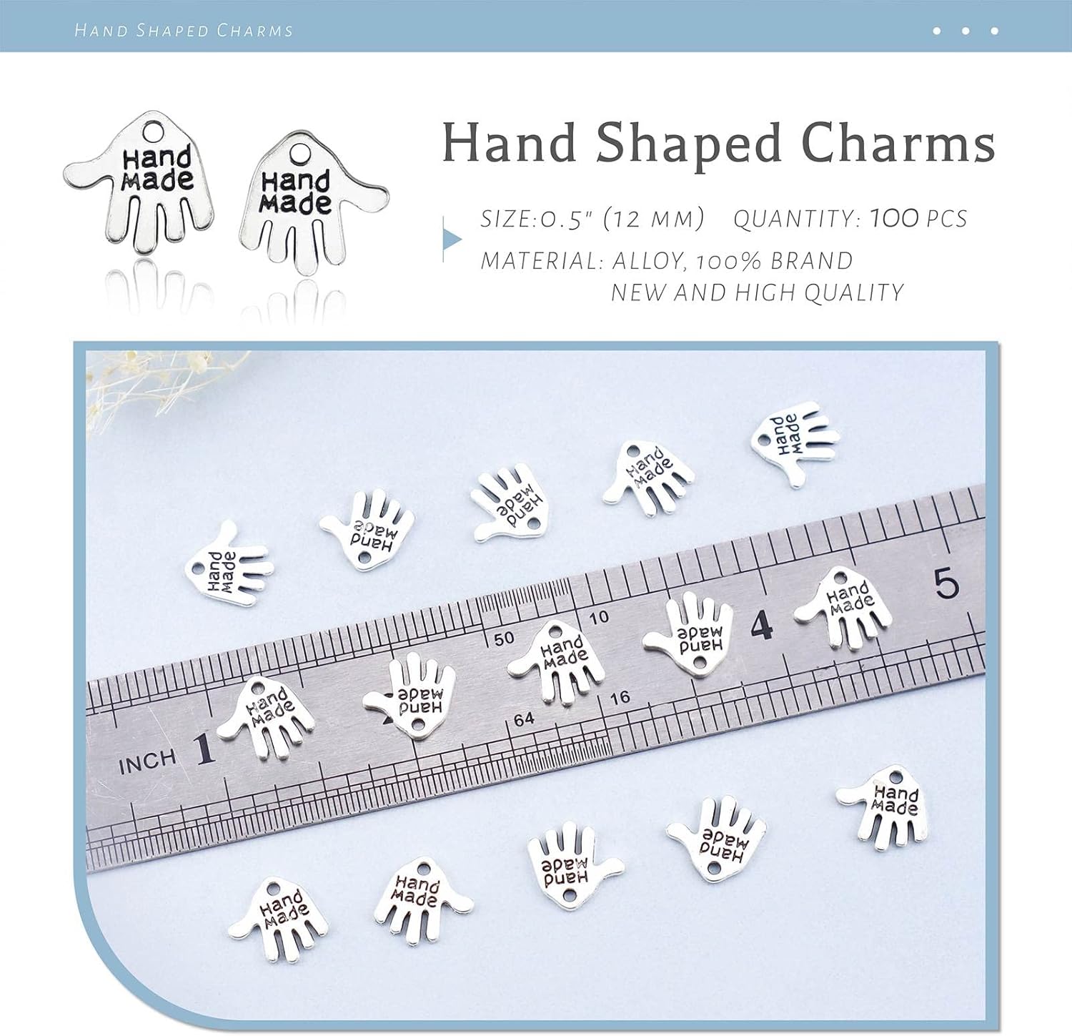 JIALEEY 100 dijes en forma de mano hechos a mano, letreros tallados en tono plateado para hacer joyas de moda, hallazgos, manualidades, costura,