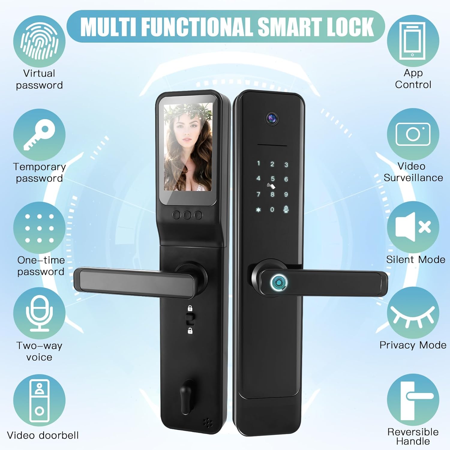 Copkim Cerradura de puerta inteligente 4 en 1 con cámara de video y monitor, manija de puerta, cámara Wi-Fi, timbre, videollamada, bloqueo de