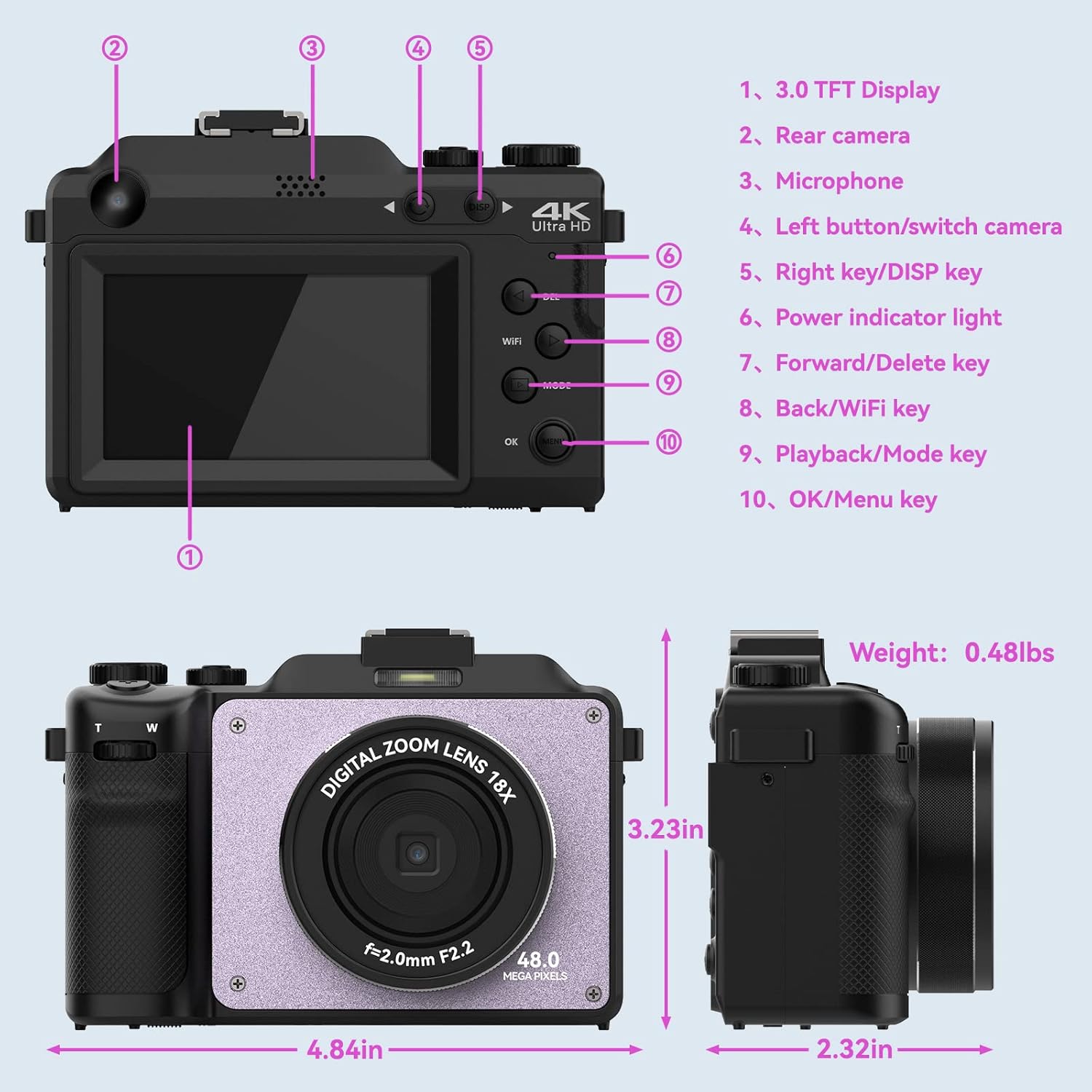 Cámara de 48MP para fotografía, cámara digital 4K para niños y adultos con cámaras duales delanteras y traseras, zoom digital de 18X, filtros de