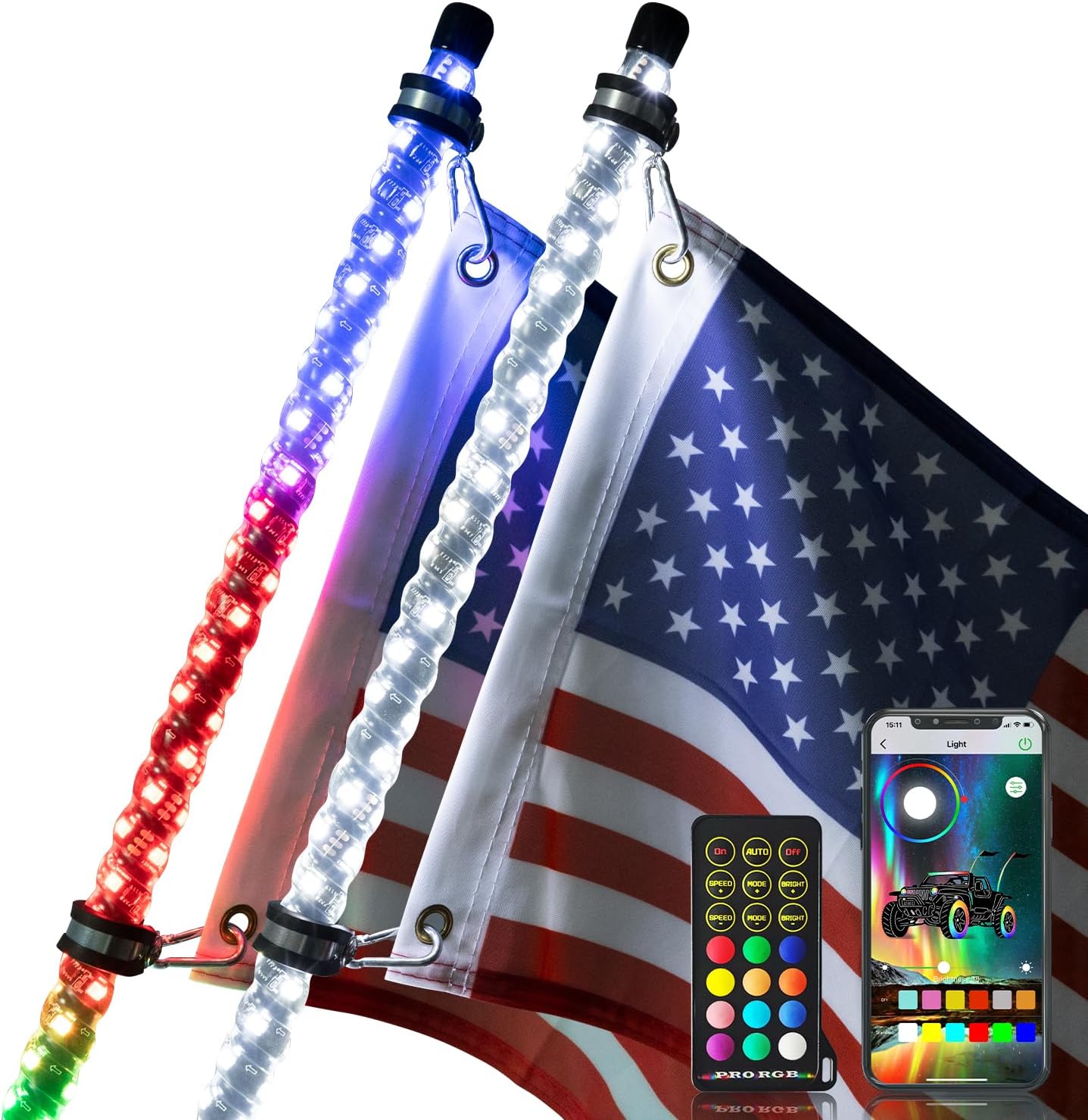 Luz LED blanca pura de 3 pies en espiral RGB Chase Light Offroad 360 Spiraling Rising Dream Wrapped Dancing Whips