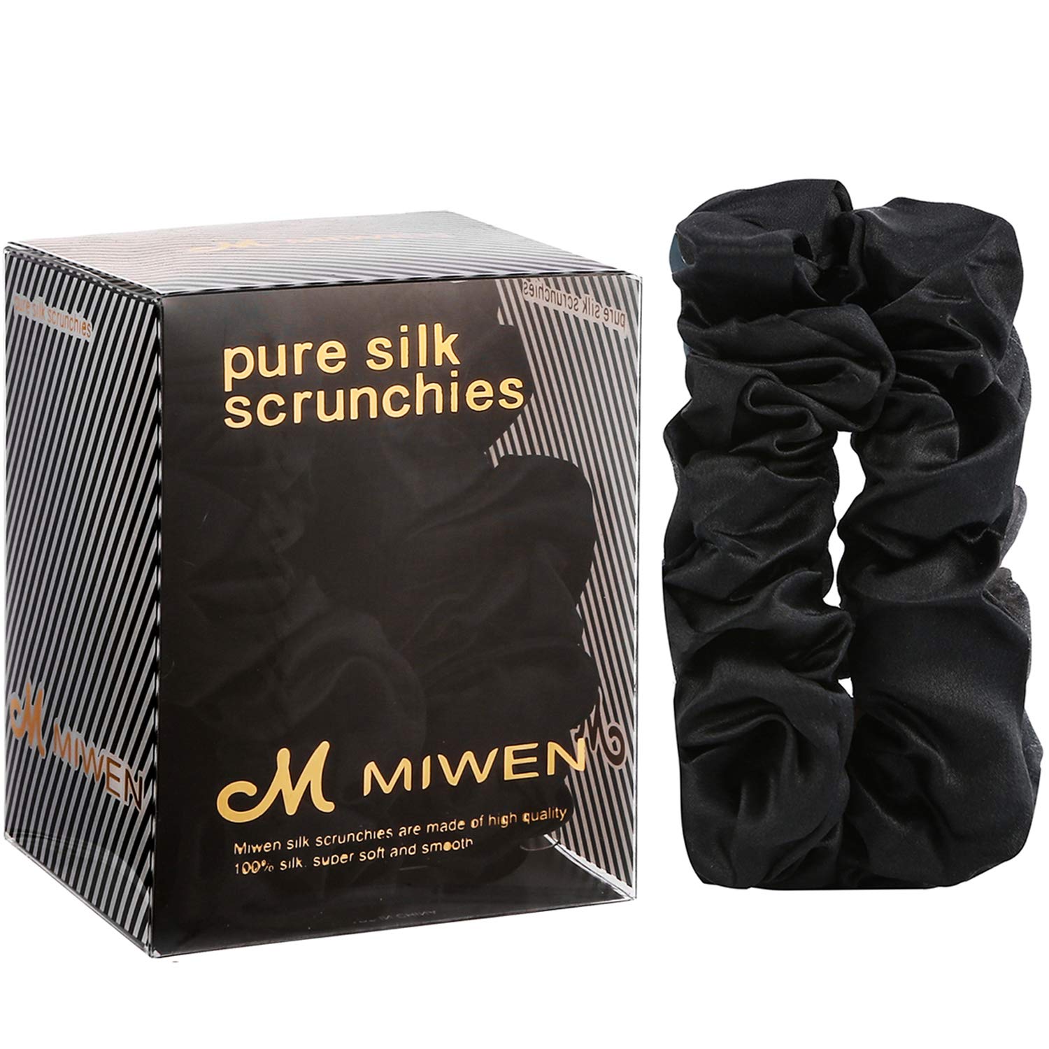Coleteros de seda, lazos para el cabello de seda de morera pura, 22 momme, grandes (negro, paquete de 2)