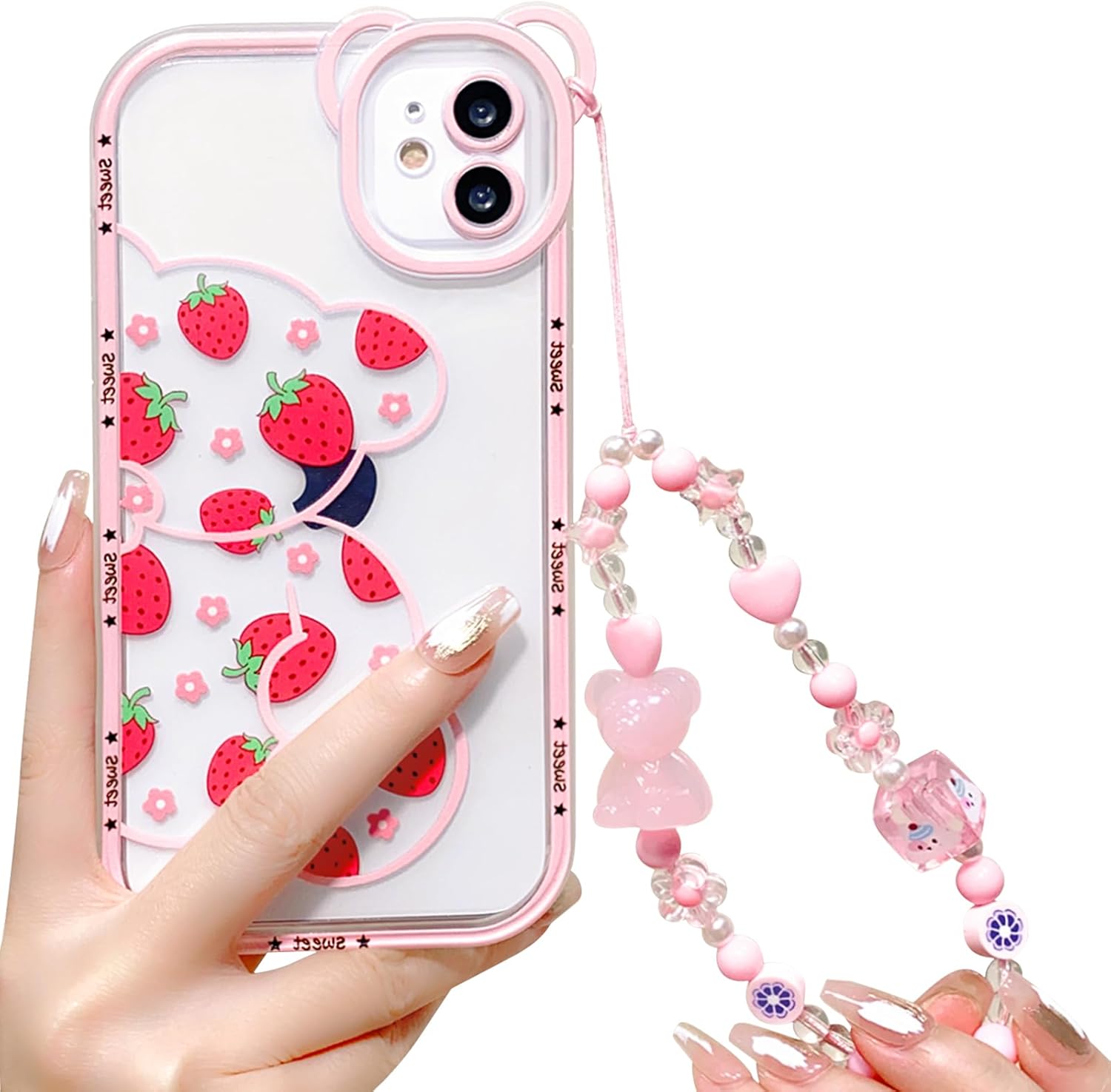 NITITOP Funda compatible con iPhone 12, bonito oso transparente con flores para niñas y mujeres, patrón con orejas de oso, TPU suave a prueba de