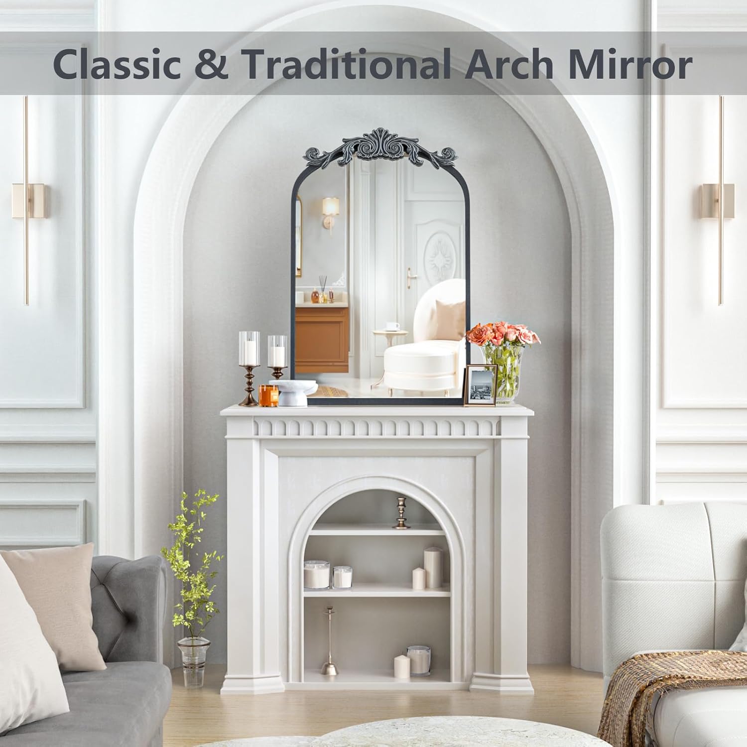 WEER Espejo de arco tradicional de 20 x 32 pulgadas, espejo de baño antiguo con marco negro, espejo de baño vintage negro para pared, vidrio