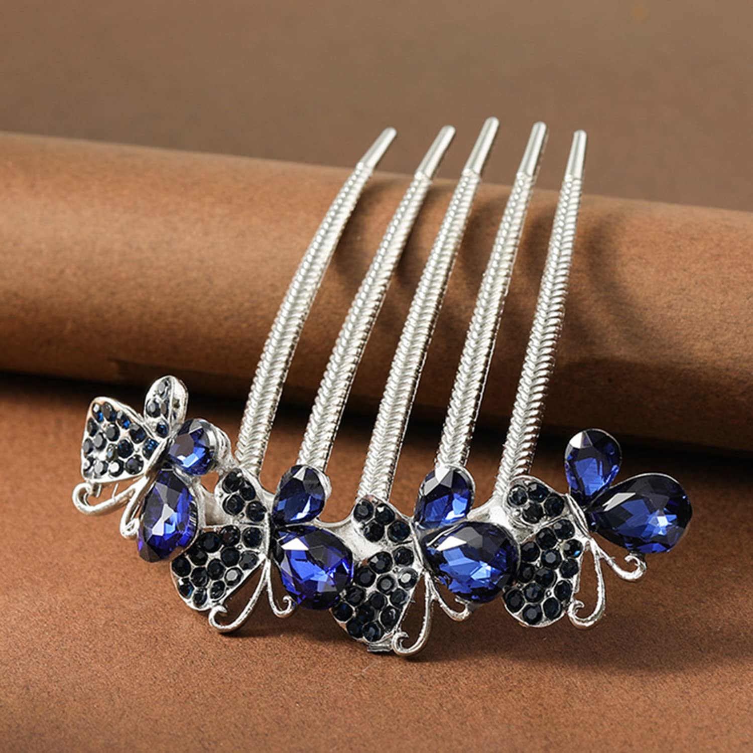 Xerling Peine de pelo con diamantes de imitación, accesorios para el cabello para mujeres, peine lateral de cristal de mariposa, pieza de pelo azul
