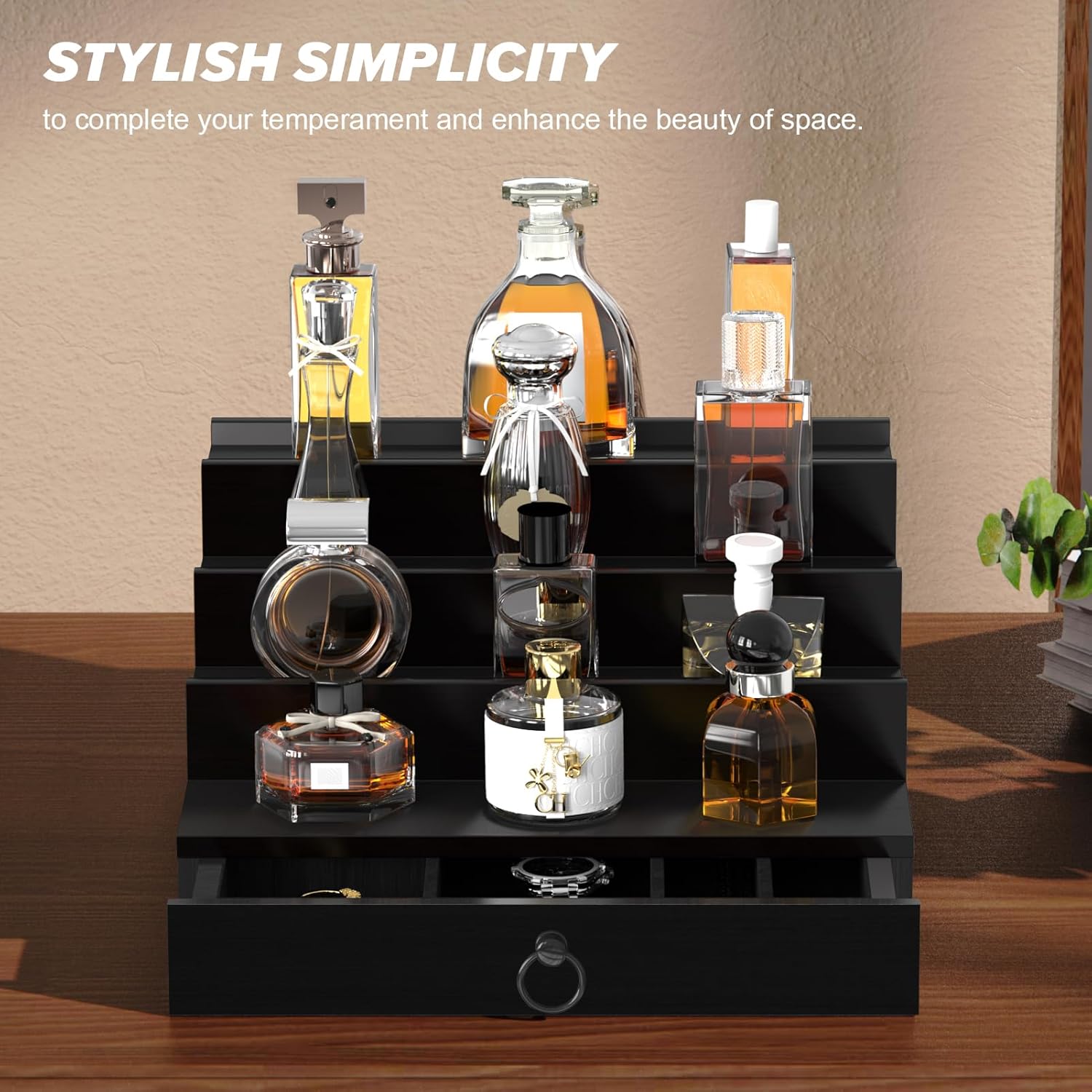 upcessory Organizador de colonia para hombres, organizador de perfume de madera de 4 niveles con cajón de forro de fieltro y compartimento oculto,