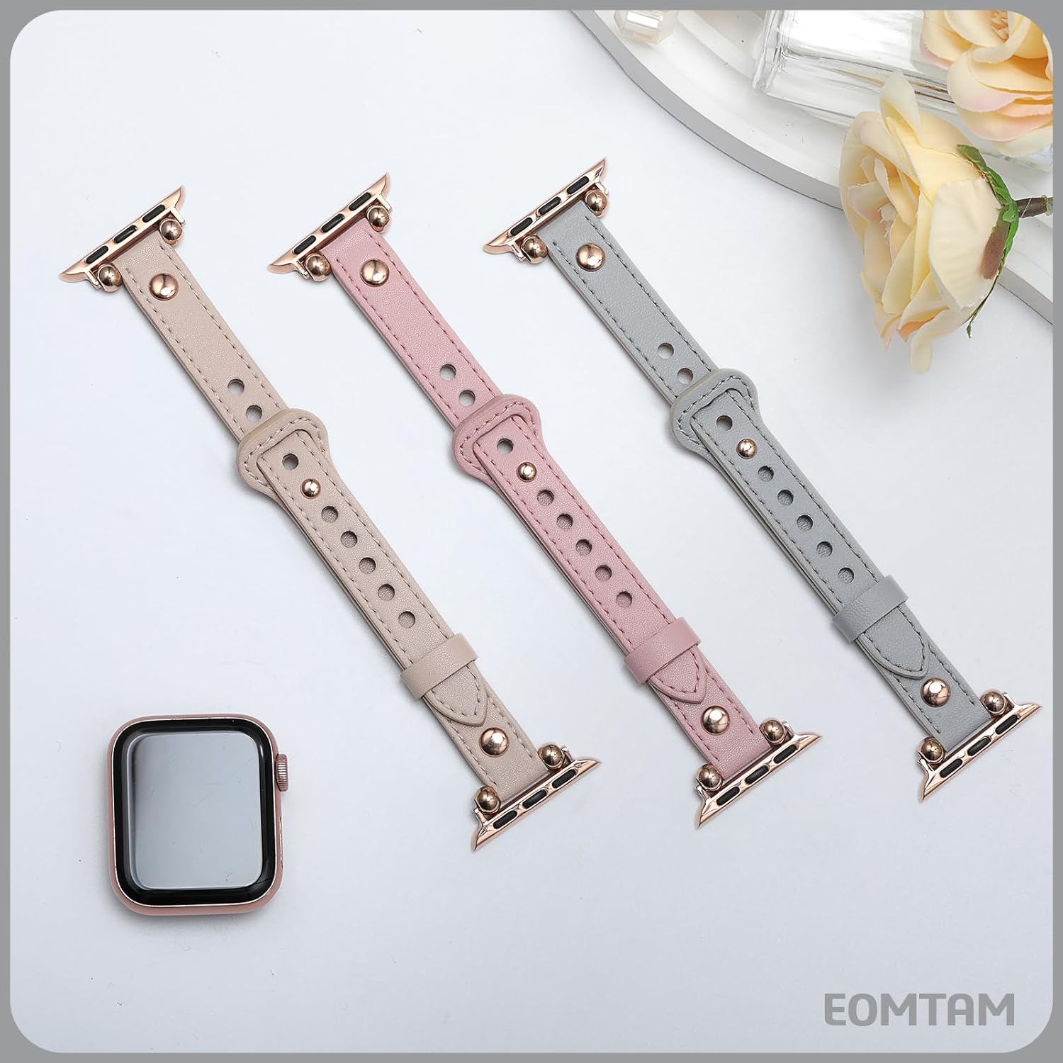 EOMTAM Correas delgadas de cuero doradas para mujer compatibles con Apple Watch Band de 1.614 in, 1.575 in, 1.496 in, 1.929 in, 1.772 in, 1.732 in,