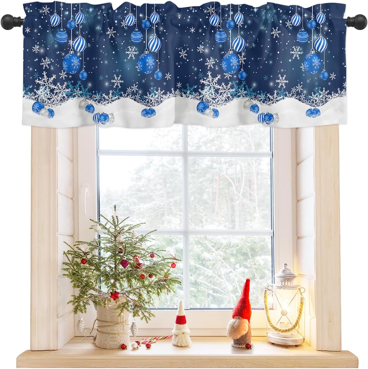 Cenefa de ventana de Navidad, copos de nieve de invierno, tratamiento de ventanas, bolas de Navidad, color azul, con bolsillo para barra, cenefa de