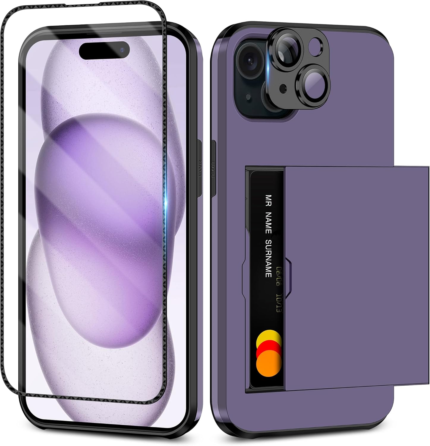 SAMONPOW Funda tipo cartera 4 en 1 para iPhone 15 con protector de pantalla y funda para cámara, funda híbrida de cuerpo completo para iPhone 15 con