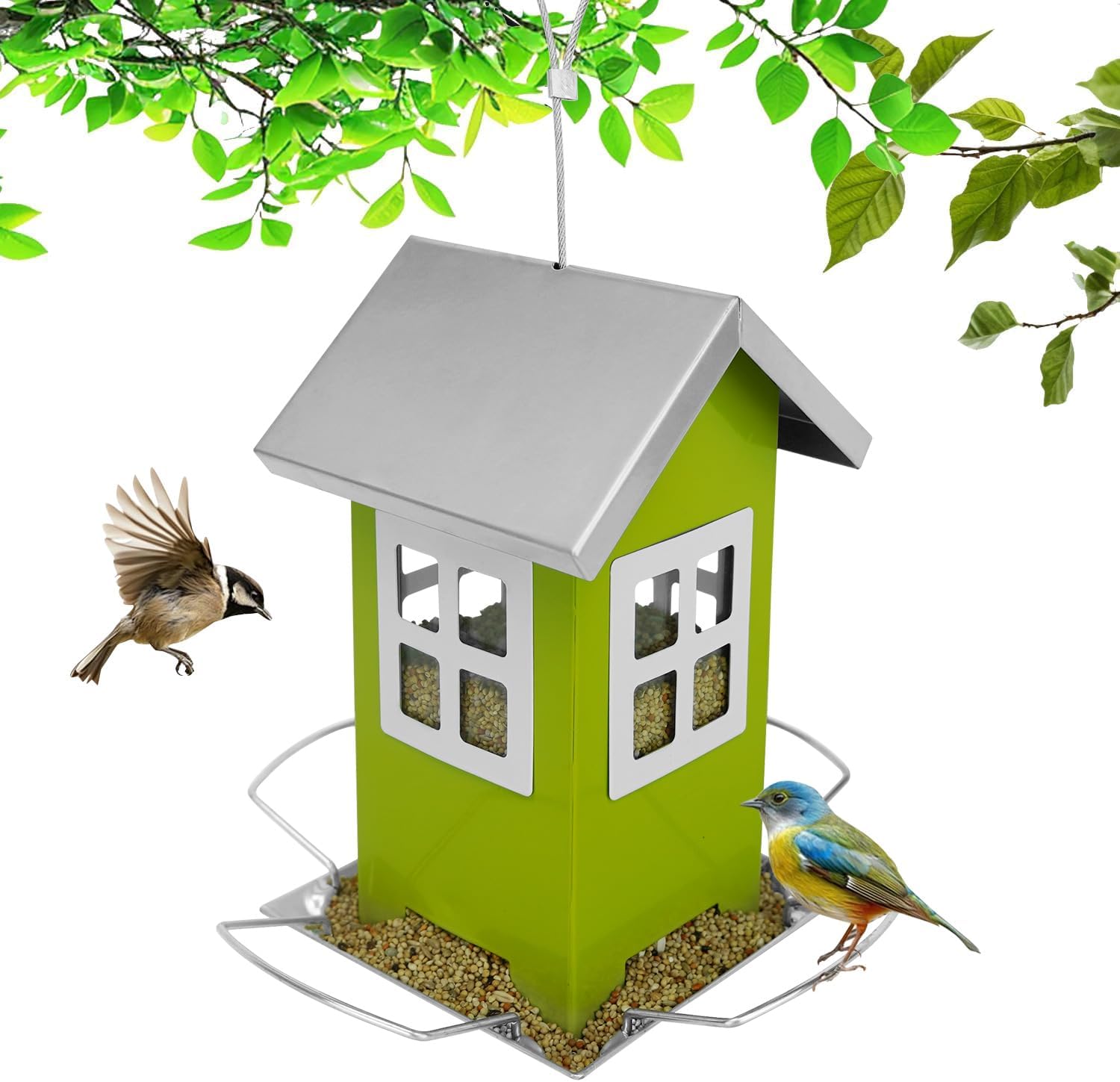 Hugeleaf – Comedero para pájaros para exteriores, todo de metal con techo extraíble, comederos colgantes para pájaros silvestres con 4 puertos,