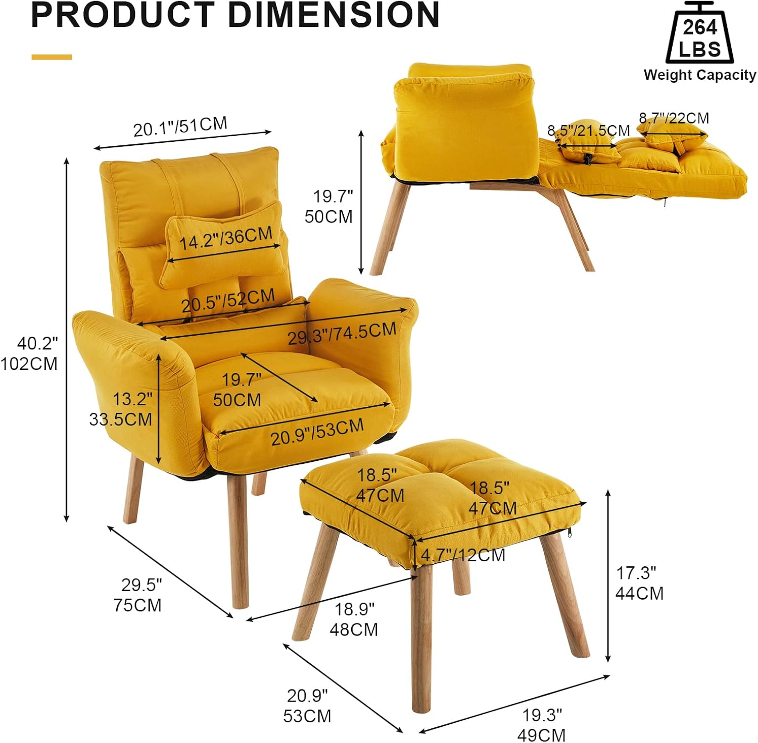 CLIPOP Silla decorativa moderna con otomana, sillón de tela de lino con respaldo ajustable (5 ángulos), patas de madera maciza, cómoda silla de