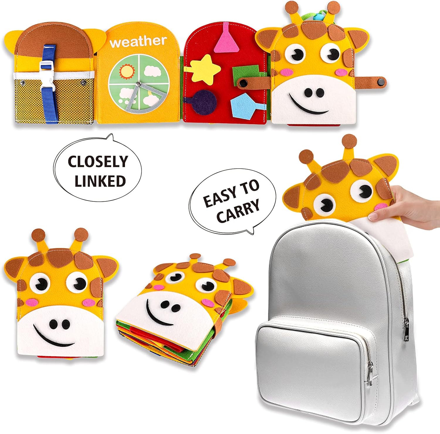 Libro silencioso de fieltro para niños, libro de tela 3D de jirafa para niños y niñas de 3 años, actividad sensorial, habilidades motoras finas,
