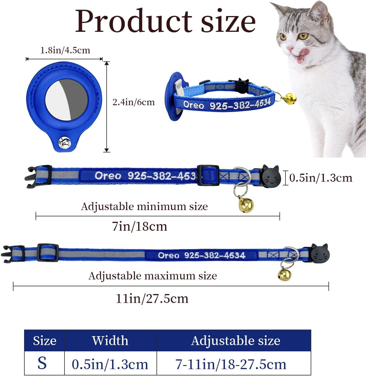 Collar para gatos Airtag, collar de identificación de gato personalizado de nailon bordado con nombre de mascota y número de teléfono con funda