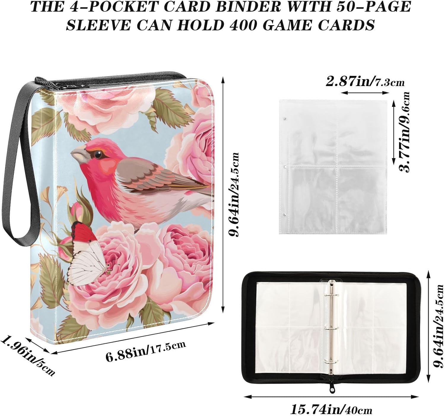 Carpeta de tarjetas coleccionables de flores y pájaros de rosas con 4 bolsillos con 50 fundas extraíbles, carpeta de álbumes de tarjetas de 3