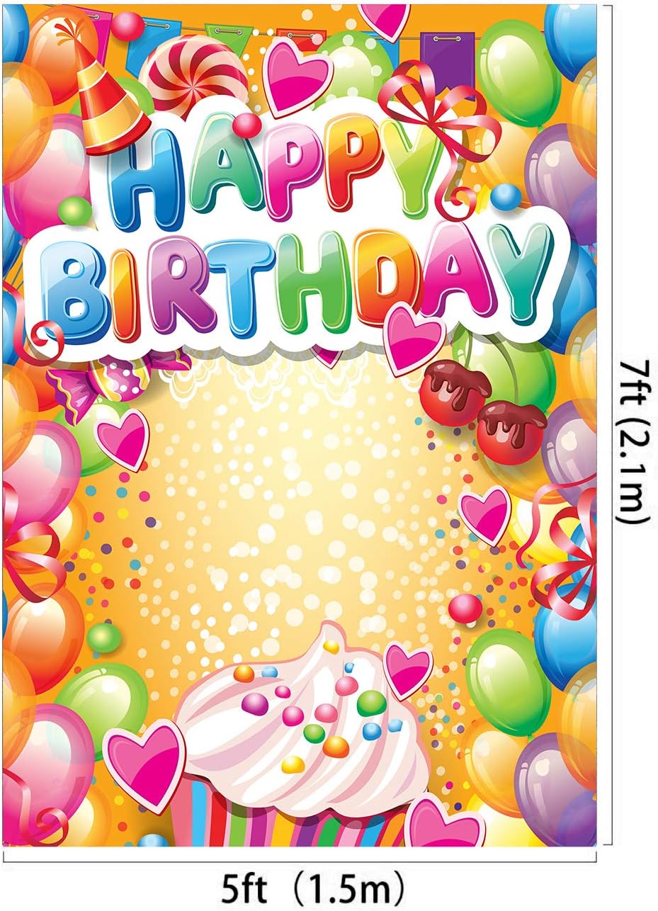 Telones de fondo de fotografía de feliz cumpleaños, globos coloridos de 5 x 7 pies, fondo de fotos de dulces dulces para niños, fiesta temática de
