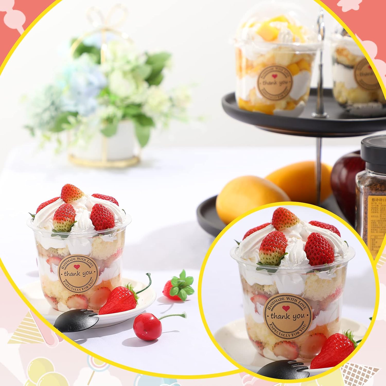 Paquete de 50 tazas de postre con tapas de cúpula, vasos de plástico desechables con tapas, tazas de helado de PET transparentes (sin agujero),