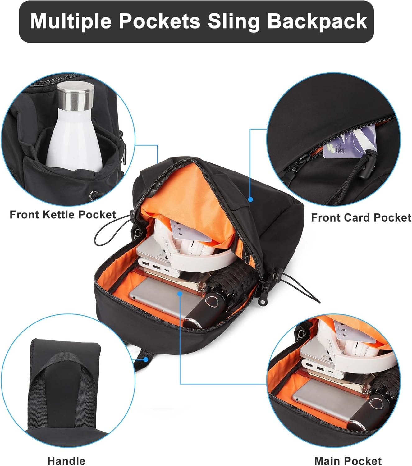 Black Sling Crossbody Bag for Men Women, Tactical Backpack Shoulder Daypack Mini Anti-Theft Motorcycle Chest Bags, Small One Strap Backpack for