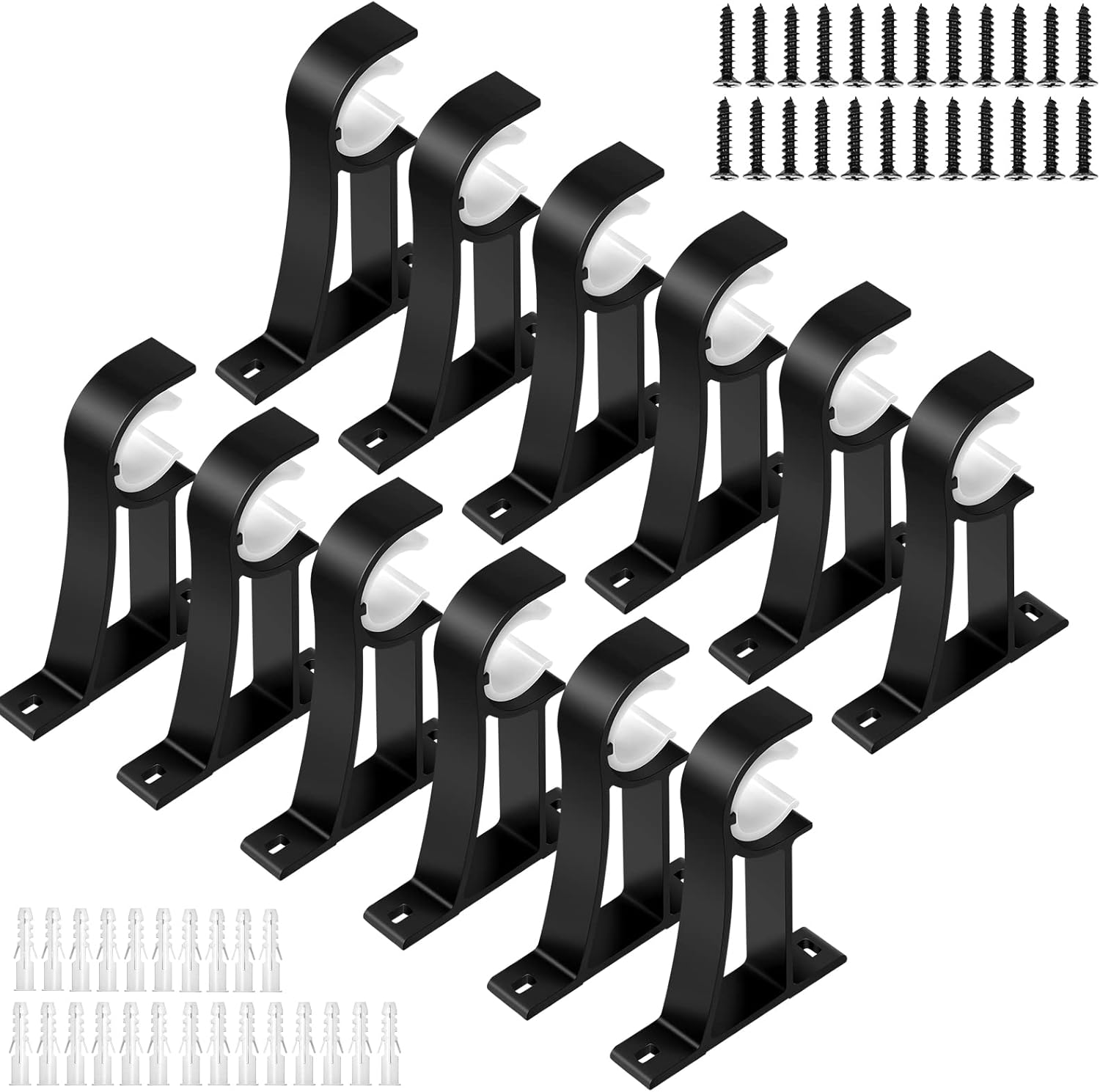 KOLAKO Soporte para barra de cortina, paquete de 12 soportes resistentes para cortineros, ganchos negros para barras de cortina para pared, soportes