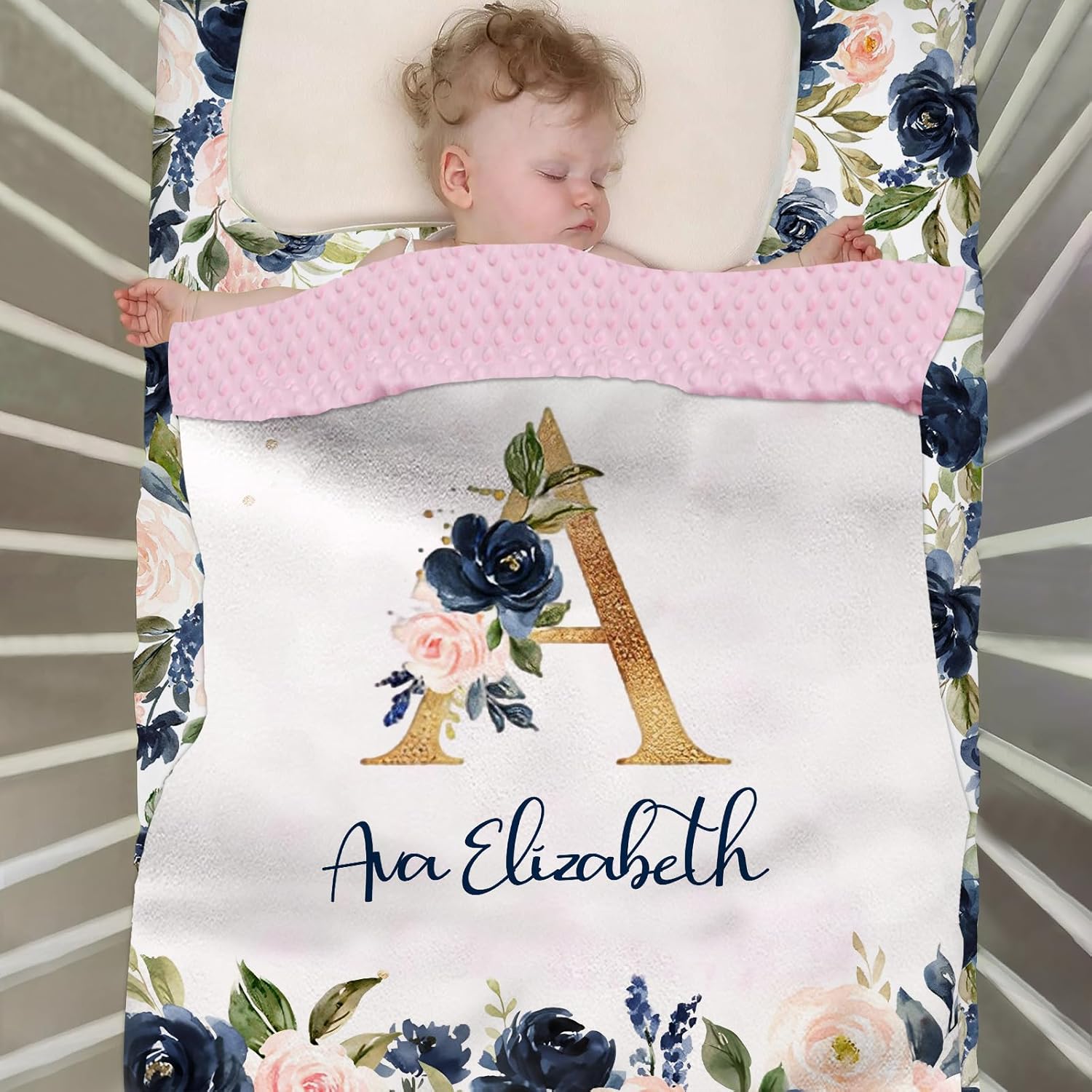 Juego de ropa de cama personalizado para cuna para niñas bebés, juego de ropa de cama personalizada para cuna, ropa de cama de guardería floral azul