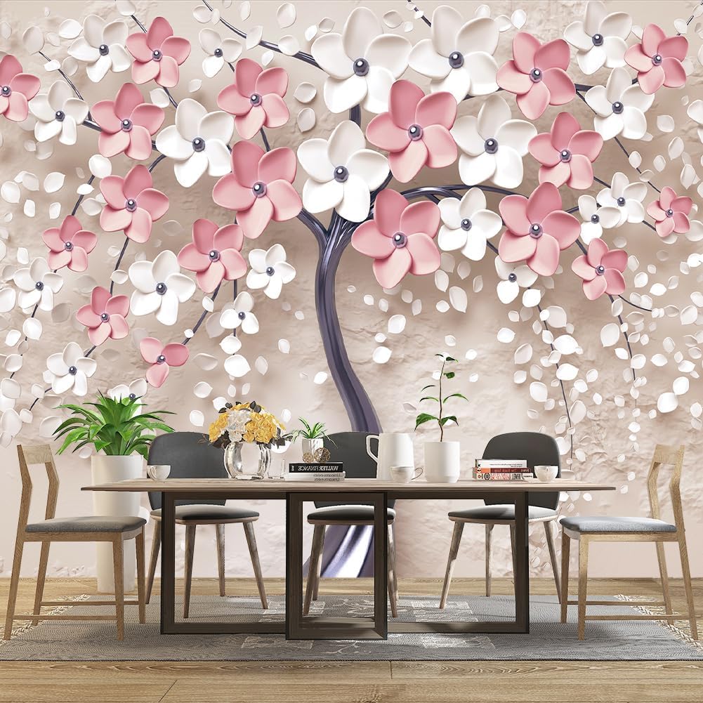 Mural en relieve 3D con diseño de flores rosas y árboles, para dormitorio, decoración de habitación, sala de estar, fondo de televisión, mural de