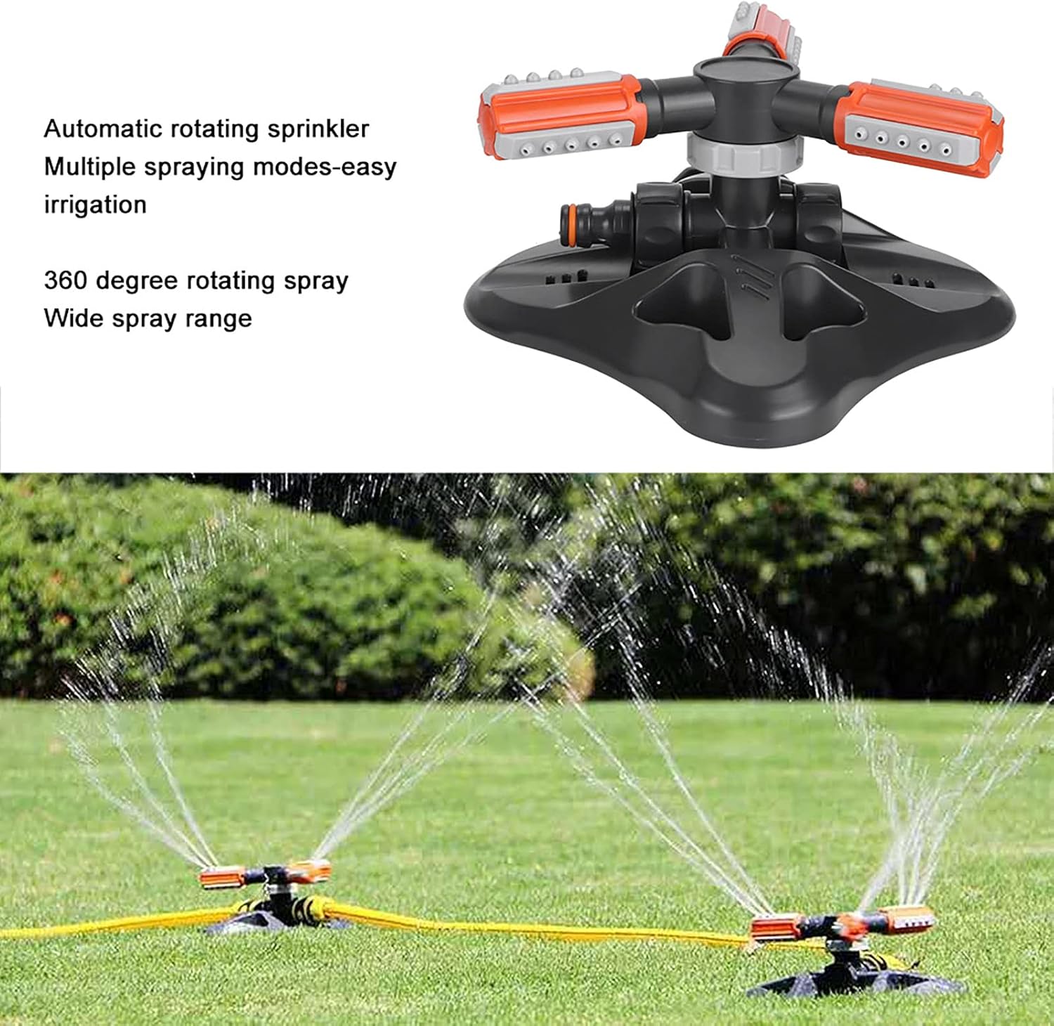 Fydun Sistema automático de riego giratorio de 360 grados con 3 brazos para jardín y patio, césped, herramienta automática de rotación de 360 grados