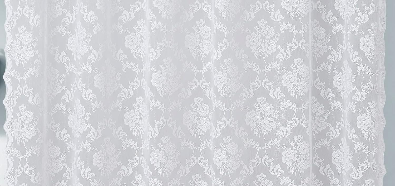 LinenZone Cortinas de ducha de encaje de 72 x 72 pulgadas con cenefa adjunta y borlas. La cortina de ducha de tela de encaje es ideal para