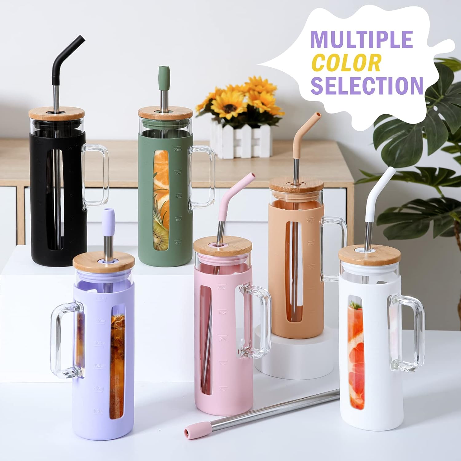 Kodrine Vaso con tapa y pajilla, vaso de café de vidrio de 20 onzas con asa, taza para batidos con tapa de bambú, marcador de tiempo, funda