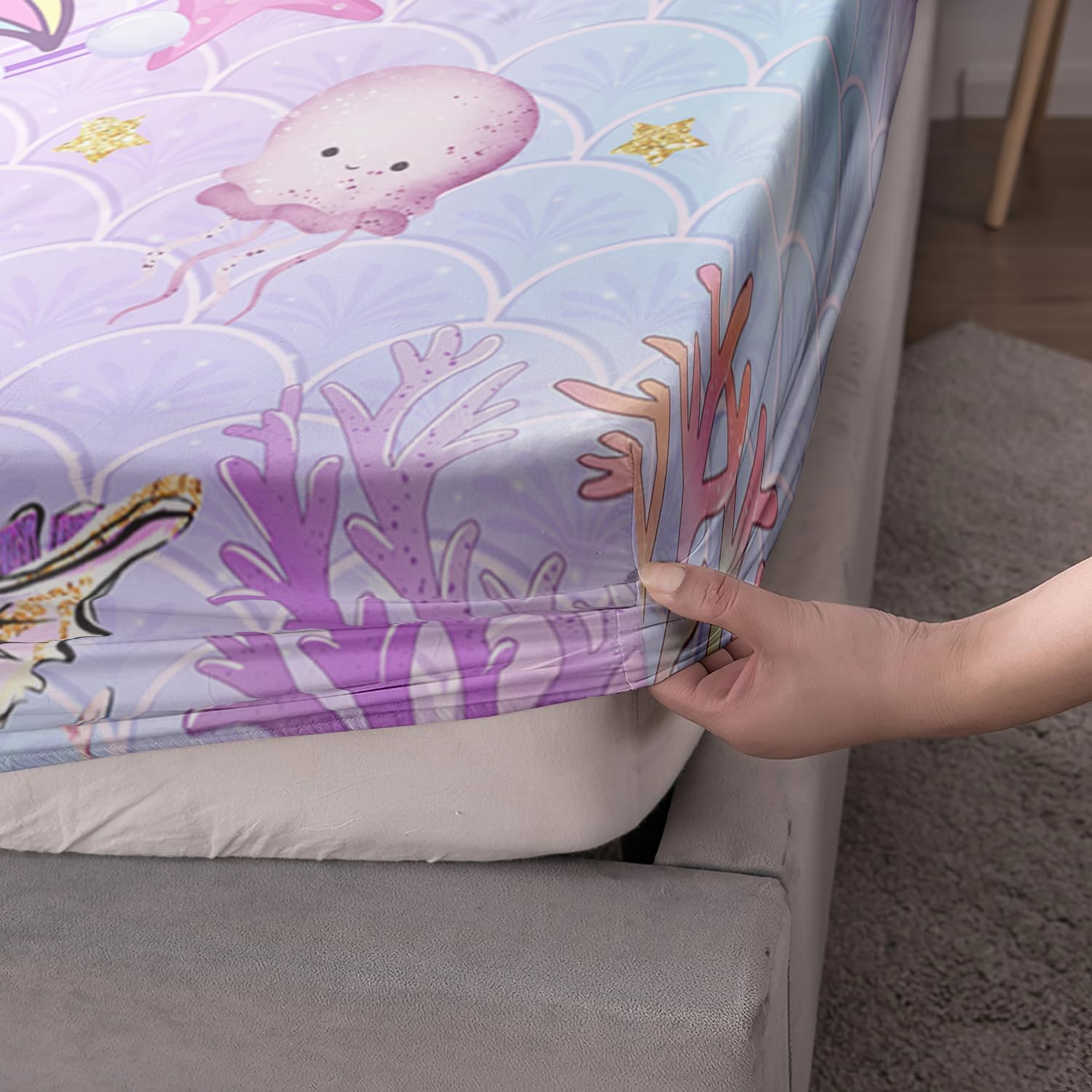 BailiPromise Juego de sábanas de sirena para niños, tamaño Queen, con estampado de unicornio y arcoíris, unicornio y estrella de mar, adecuado para