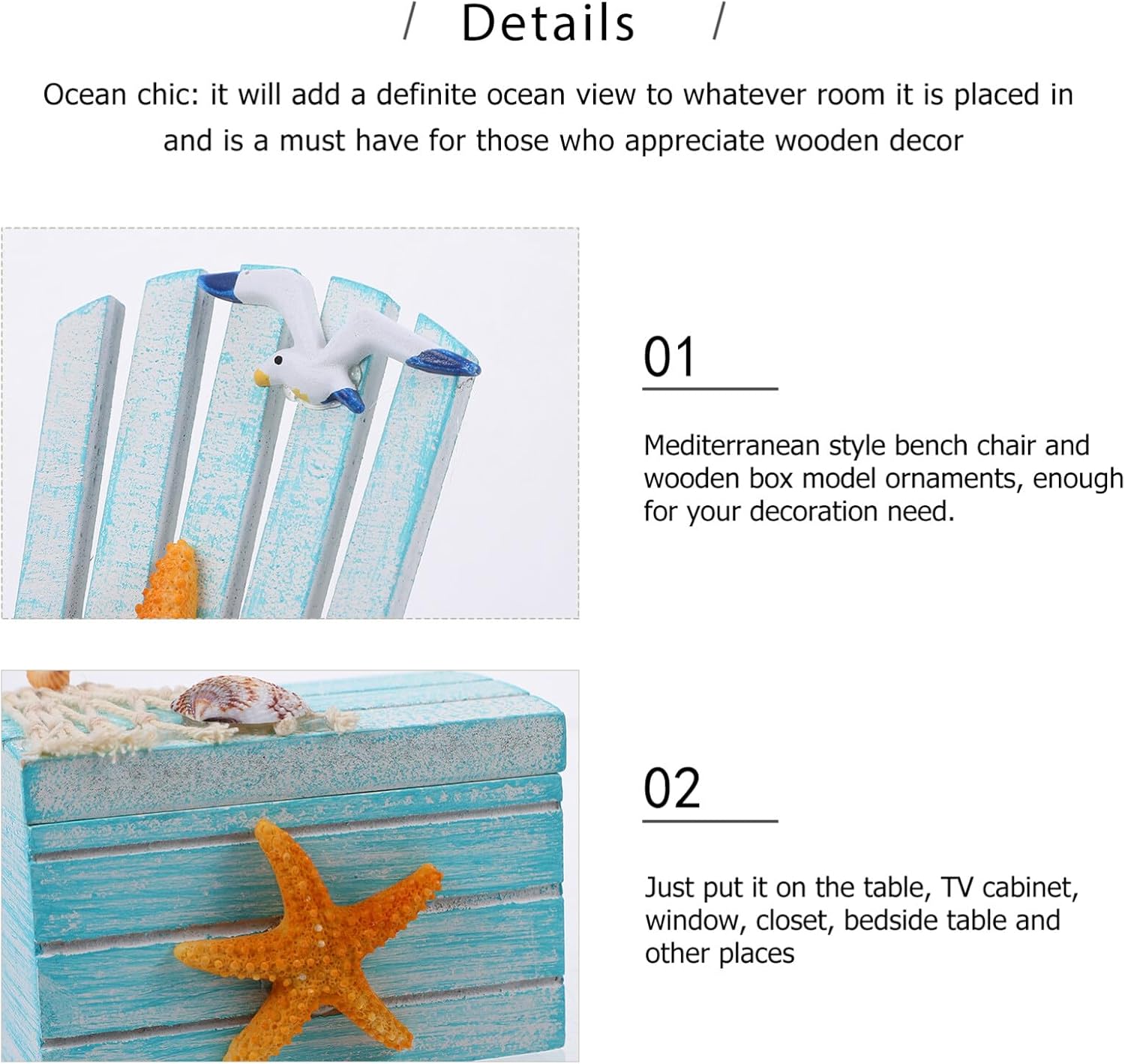 Decoración para el hogar, decoración de playa, 2 piezas, mini silla de playa náutica de madera, silla de playa en miniatura, caja de madera náutica,