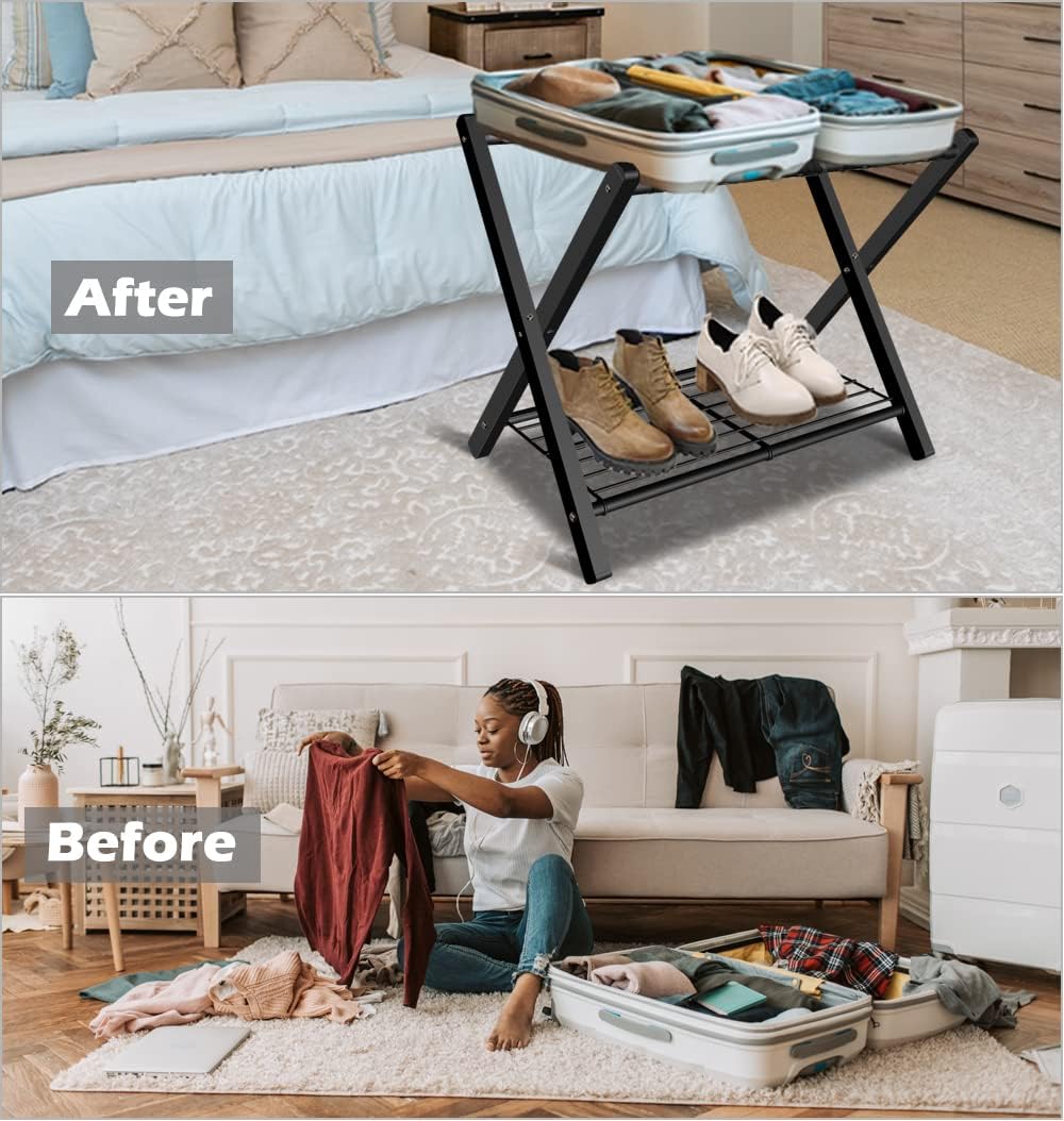 Portaequipajes plegable para habitación de invitados, soporte plegable de metal para maleta con estante de metal para dormitorio, negro, paquete de 1