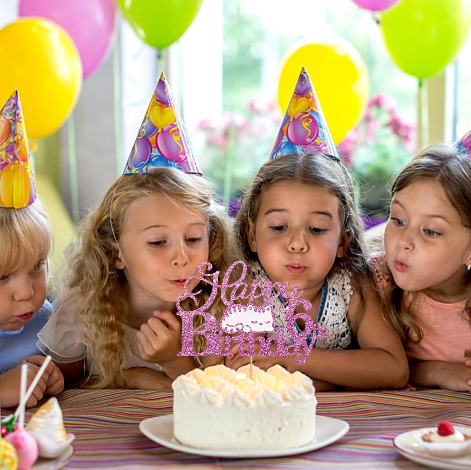 Decoración para tartas de 6 cumpleaños con diseño de gato con purpurina rosa, decoración de pastel de cumpleaños de seis años para niña, decoración
