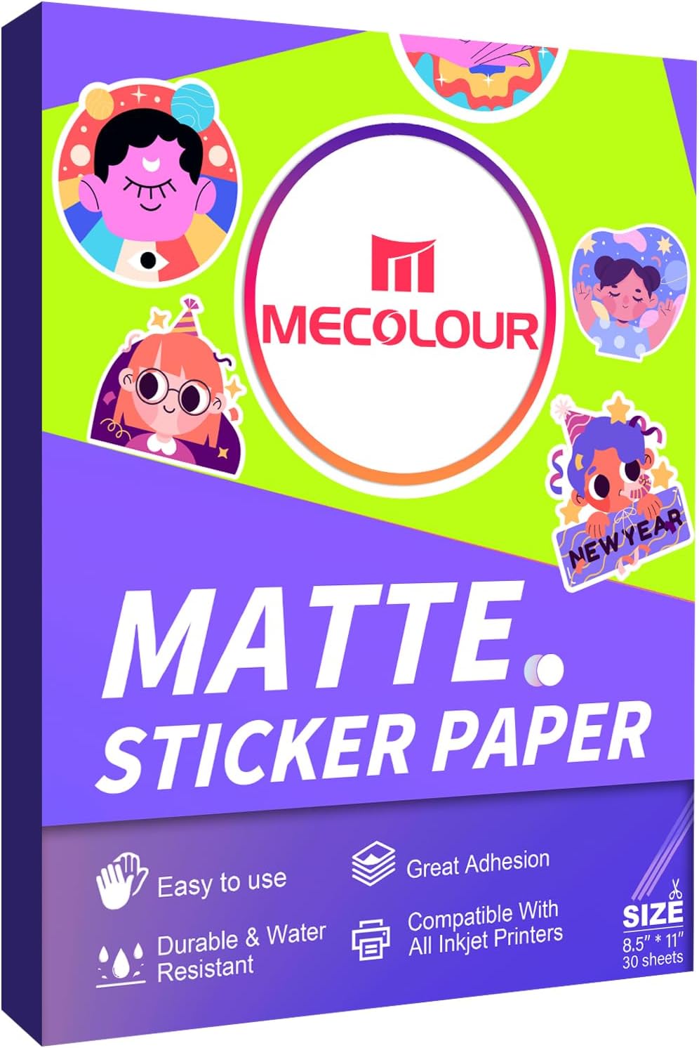 MECOLOUR Papel adhesivo de vinilo imprimible, 30 unidades, color blanco mate, impermeable, 8.5 x 11 pulgadas, para impresora de inyección de tinta e