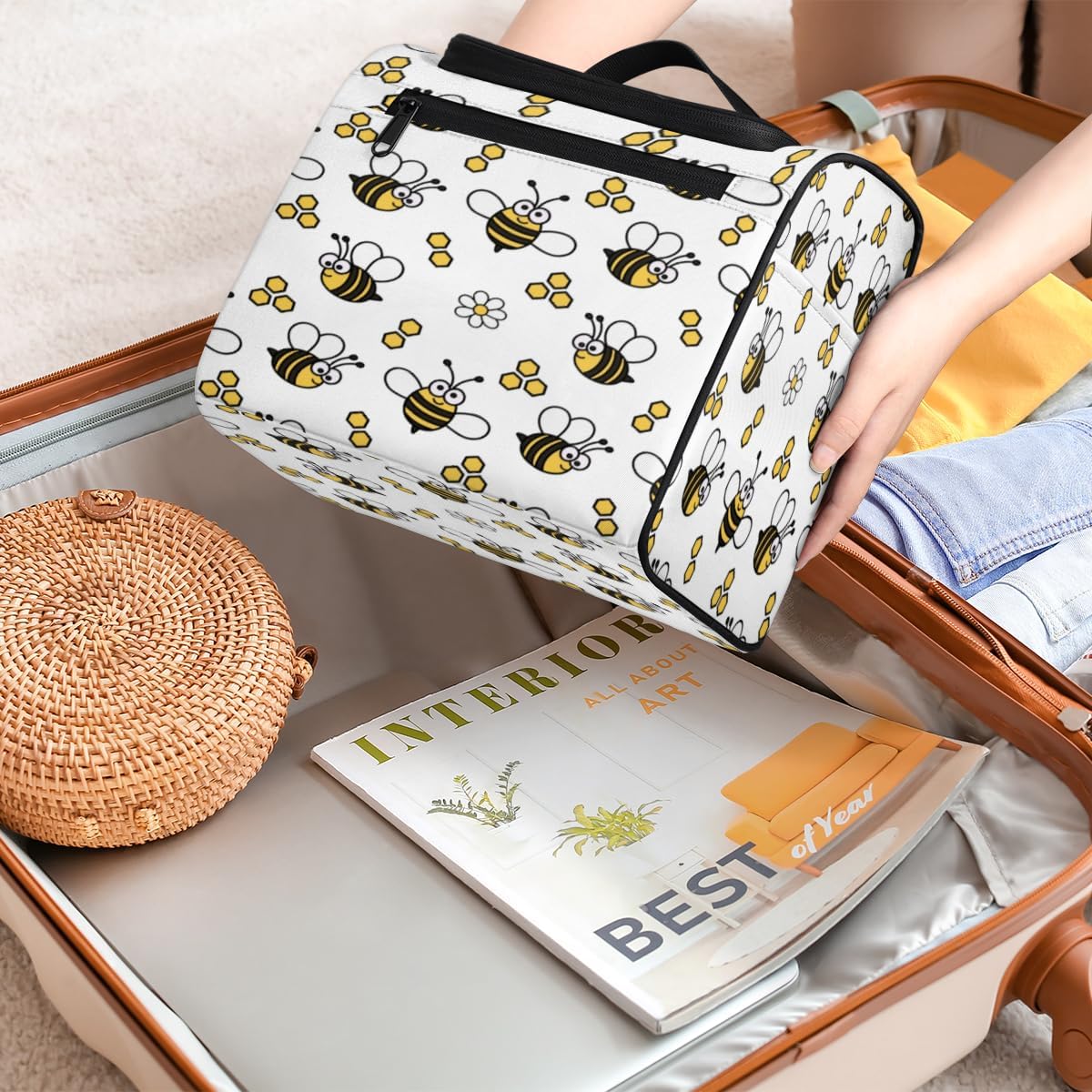 Lovely Bees Neceser para mujer, organizador de maquillaje de viaje con gancho para colgar, bolsas de cosméticos de viaje para accesorios de aseo