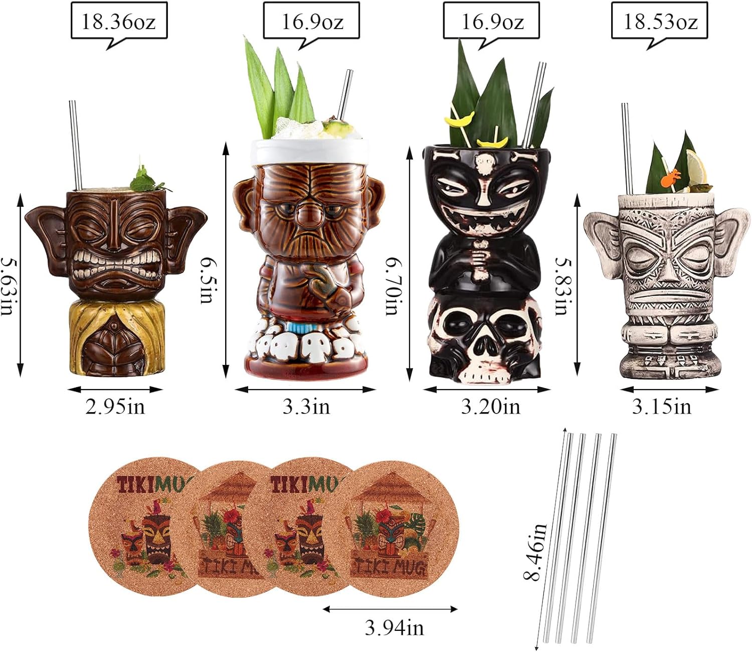 Juego de 4 tazas Tiki para cóctel, vasos de cerámica Tiki. Bonitas copas de cóctel exóticas para fiestas de estilo hawaiano, vasos tropicales para