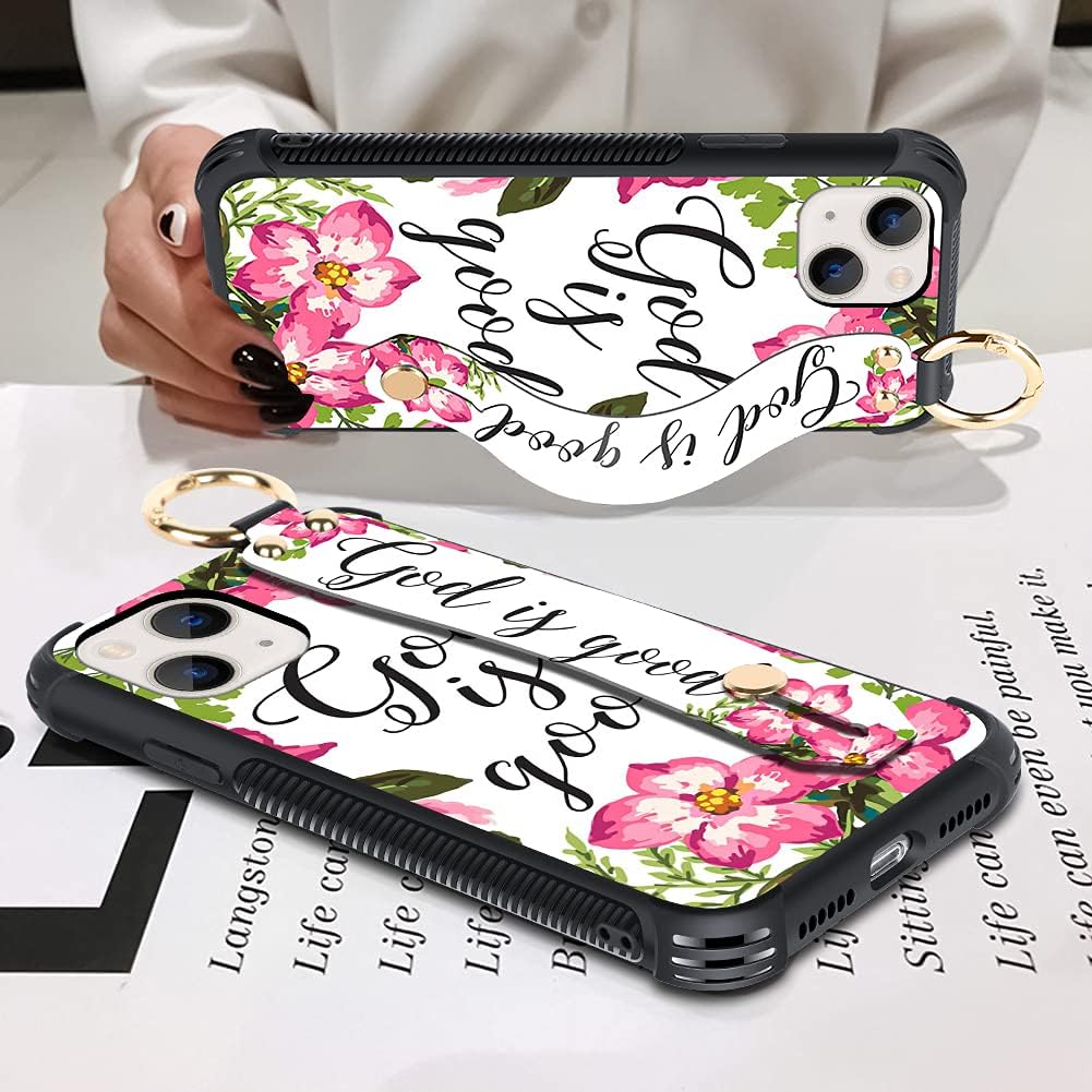 KANGHAR Funda compatible con iPhone 13, diseño floral de flores, correa de muñeca para Apple iPhone 13 de 6.1 pulgadas 2021 5G (Dios es bueno)