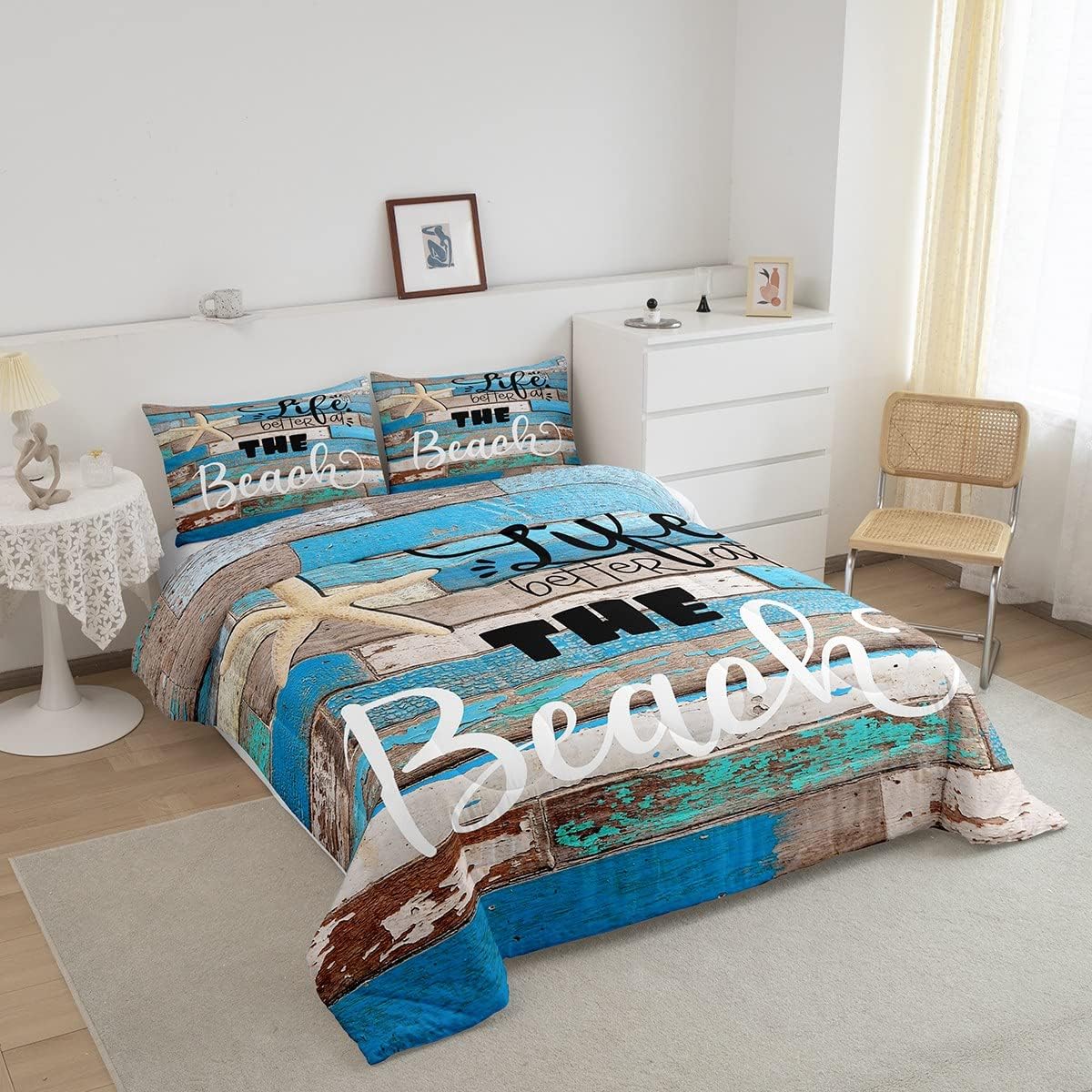 Juego de edredón con temática oceánica, tamaño individual, juego de ropa de cama rústica azul de madera para mujeres, hombres, niños y niñas,