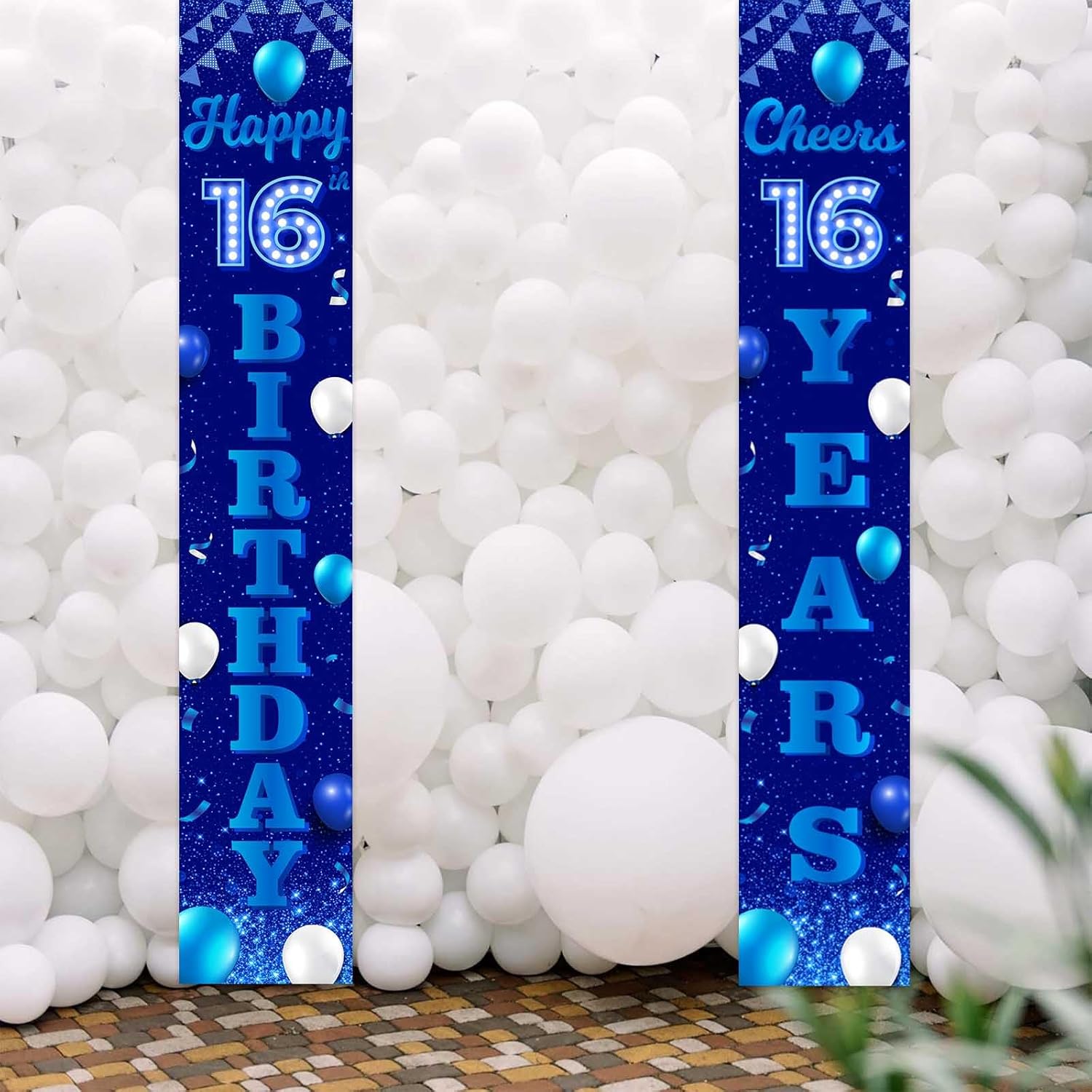 Cartel de feliz cumpleaños número 16, color azul y negro, decoración temática de globos de confeti para niñas de 16 años, decoraciones de fiesta de