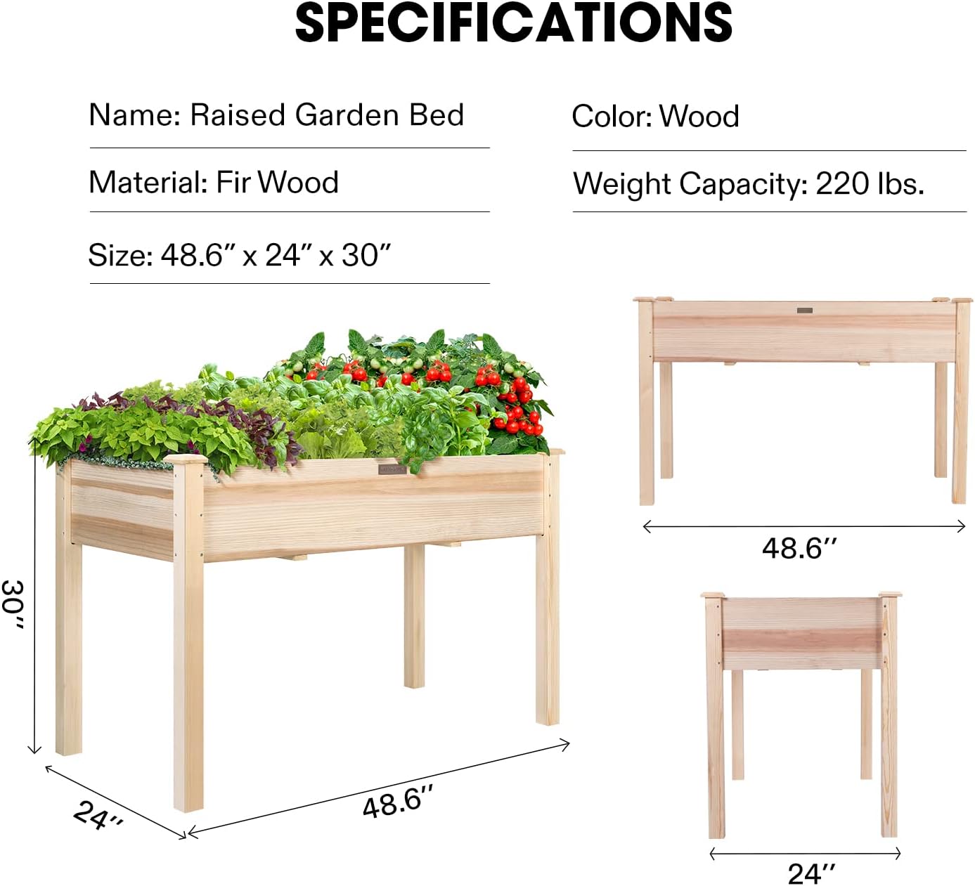 VIVOSUN Cama elevada de madera elevada para jardín, 48 x 24 x 30 pulgadas, maceta de madera para exteriores con forro de cama y guantes para jardín,