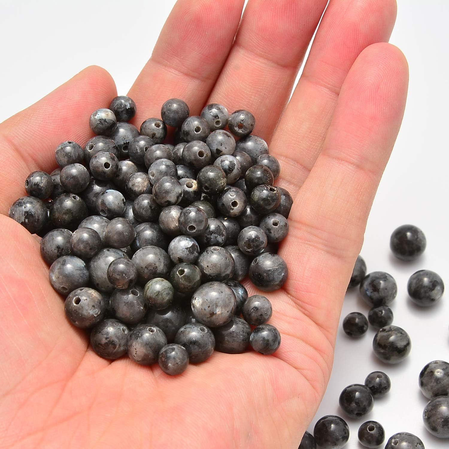 200 cuentas redondas sueltas de larvikita negra de 0.32 pulgadas (8mm), cuentas de piedra natural para joyería y manualidades