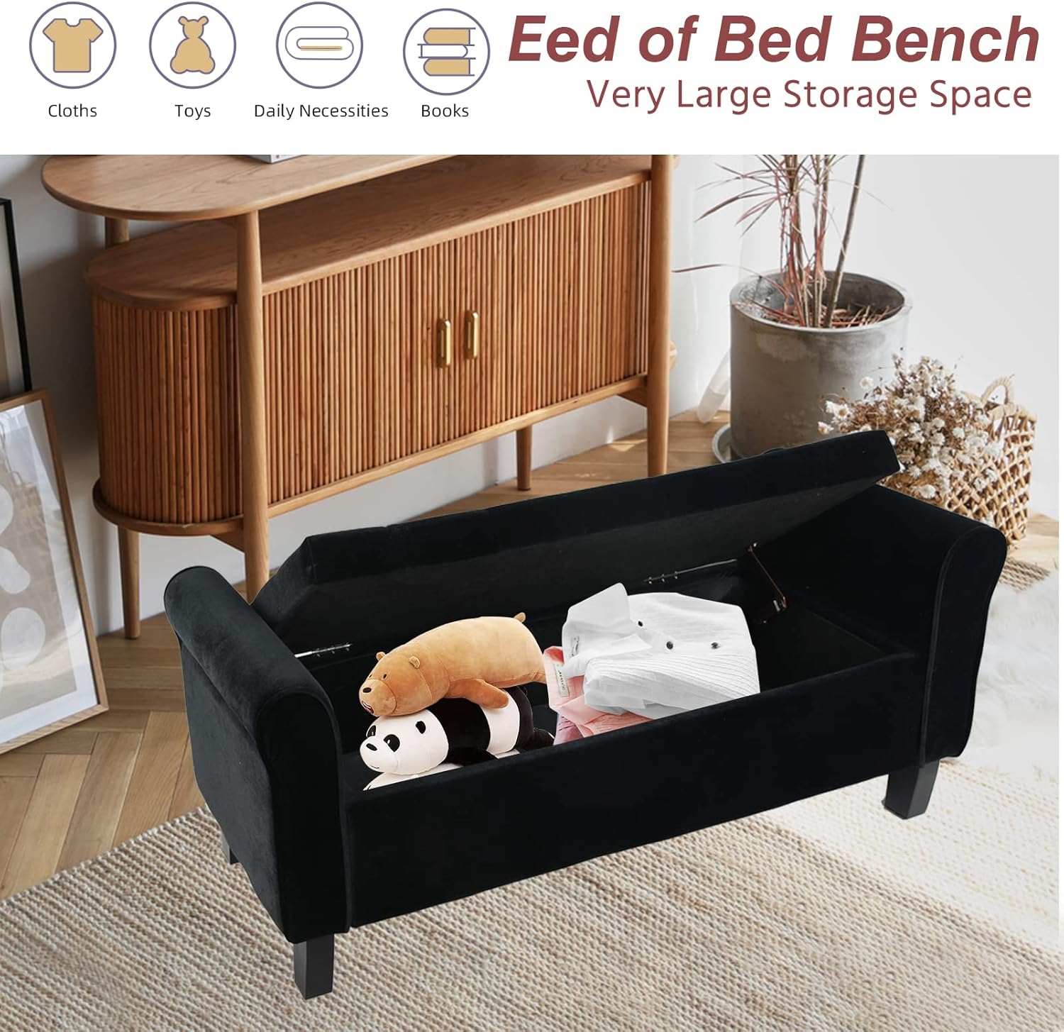 ECOMEX Banco de almacenamiento para el extremo de la cama, banco de terciopelo para dormitorio con almacenamiento, banco de ventana con brazo